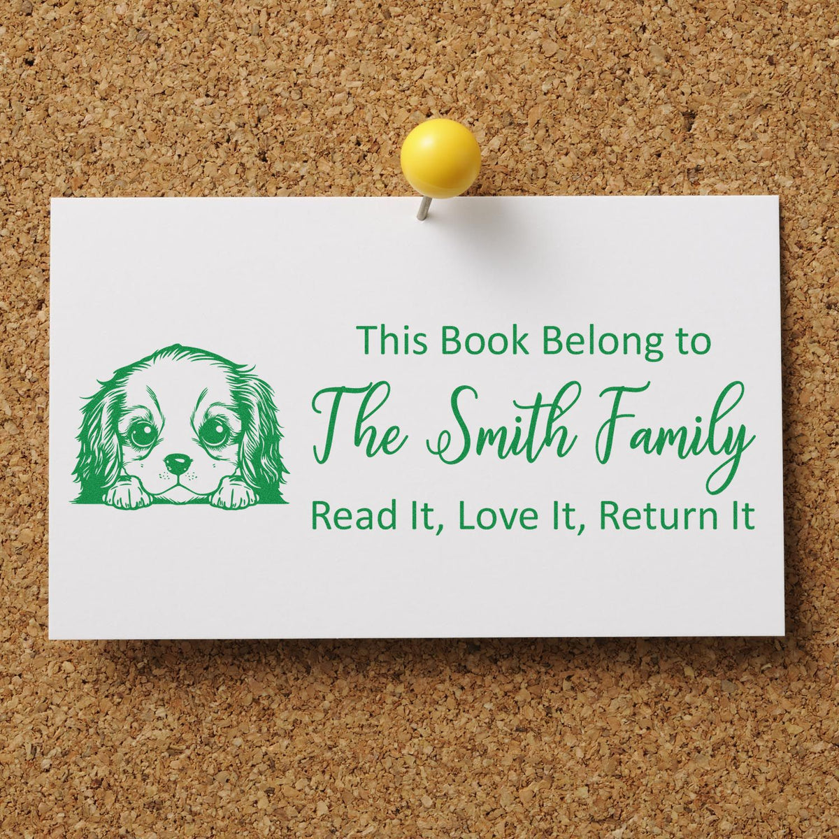 Custom library book stamp with puppy design for the Smith Family, reading: Read It, Love It, Return It.