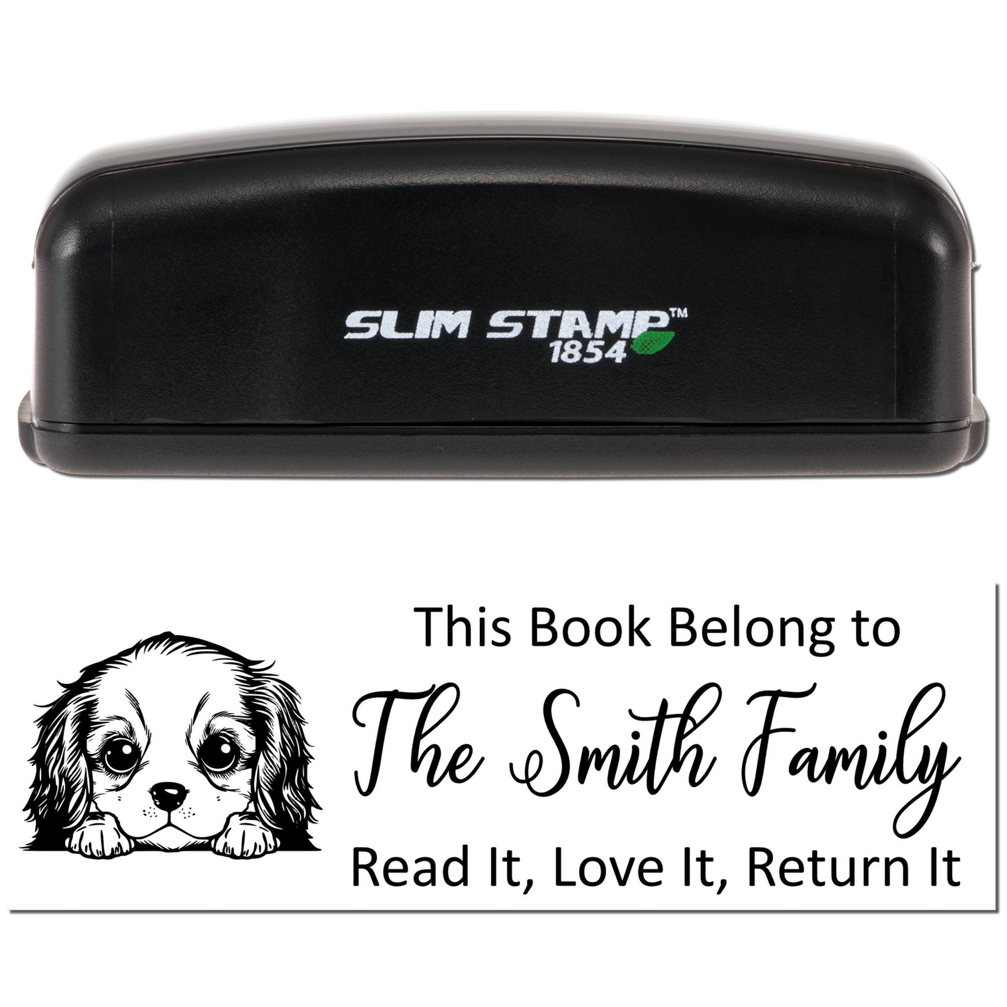 Personalized Slim Stamp 1854 rubber book stamp with dog illustration and This Book Belong to The Smith Family text.