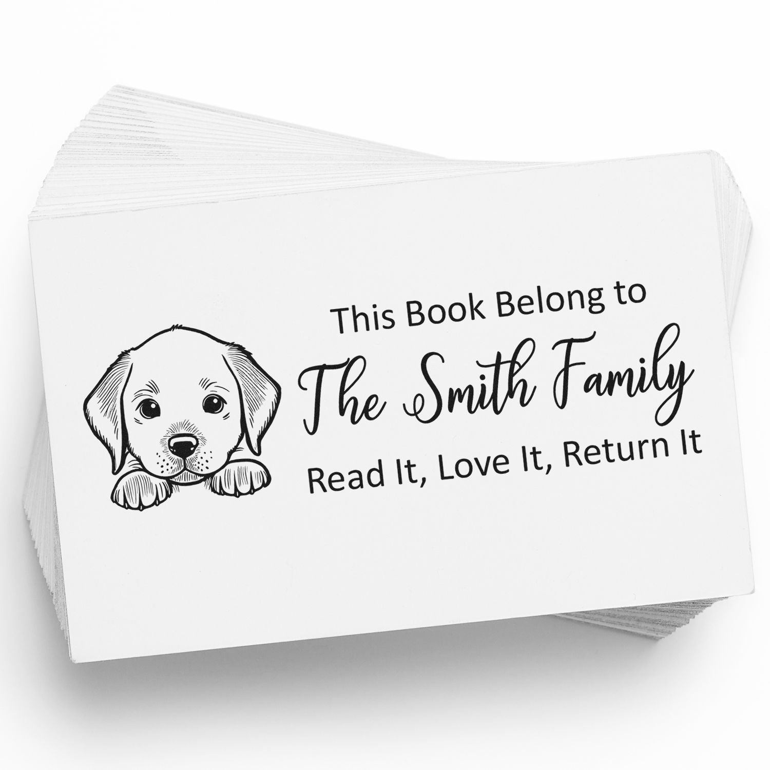 Custom puppy book stamp for the Smith Family with This Book Belongs return message for personalized library books.