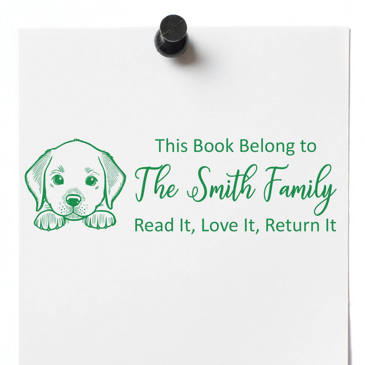 Personalized dog bookplate rubber stamp for family books, with This Book Belongs to The Smith Family and return-it message.