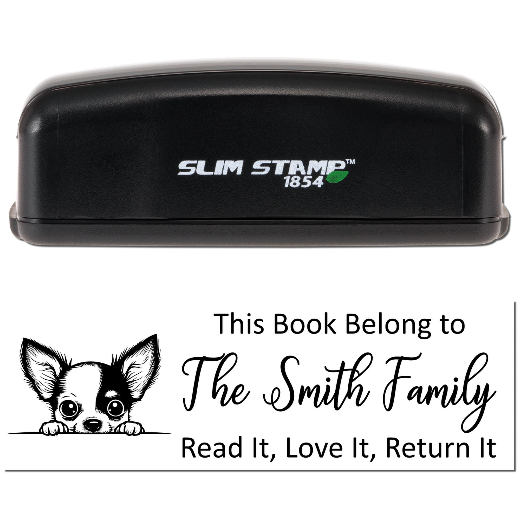 Slim Stamp 1854 self-inking rubber stamp for custom This Book Belongs To book label with dog illustration.