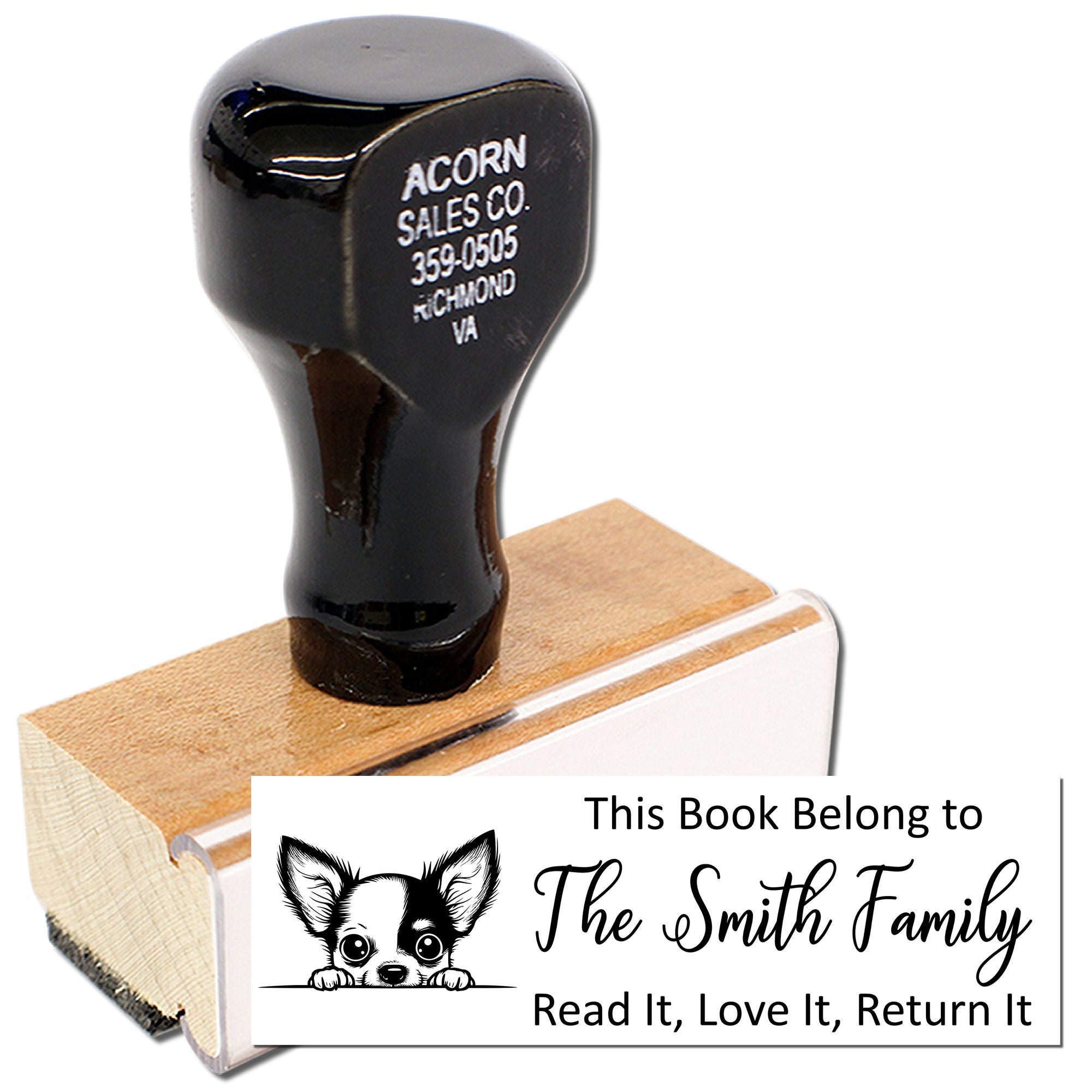 Custom book return rubber stamp with dog design: This Book Belongs to The Smith Family, Read It, Love It, Return It.