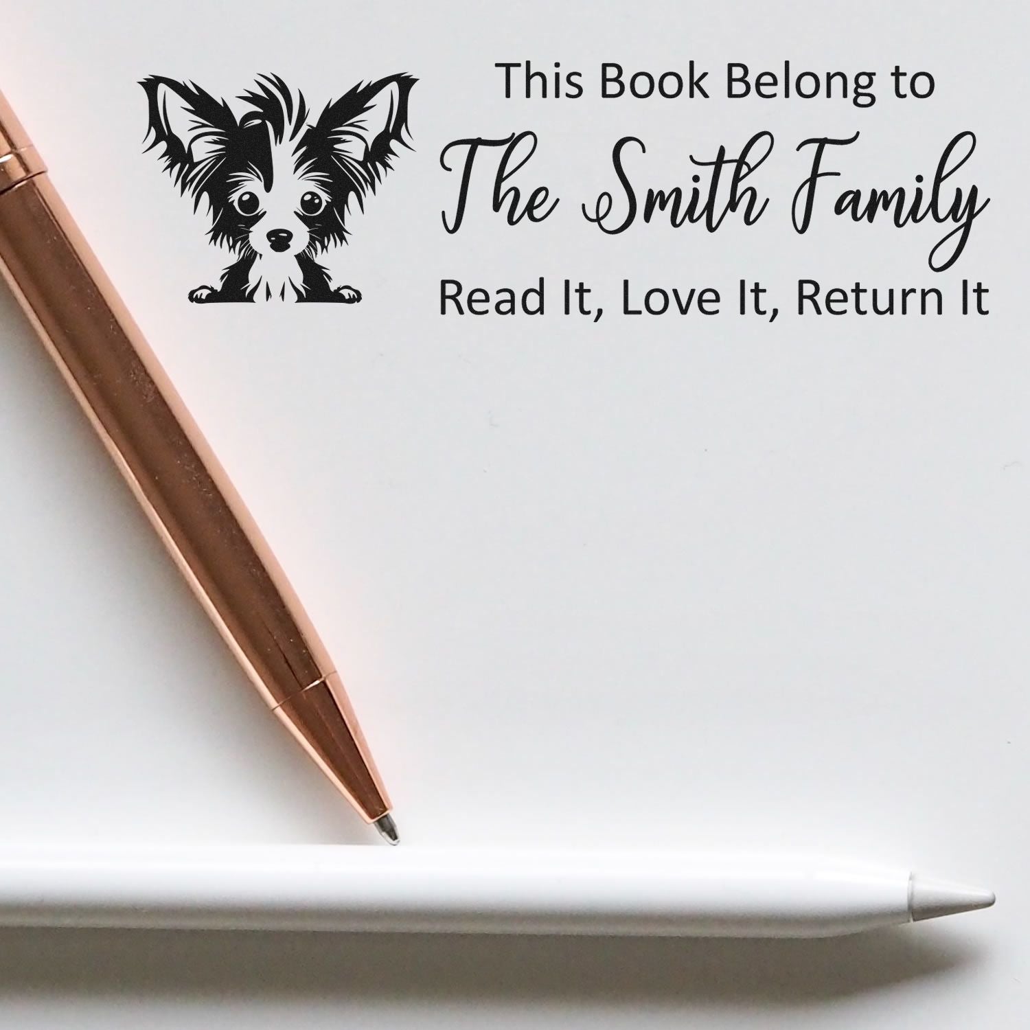 Personalized book belongs rubber stamp with dog design and Read It, Love It, Return It library label for family books.