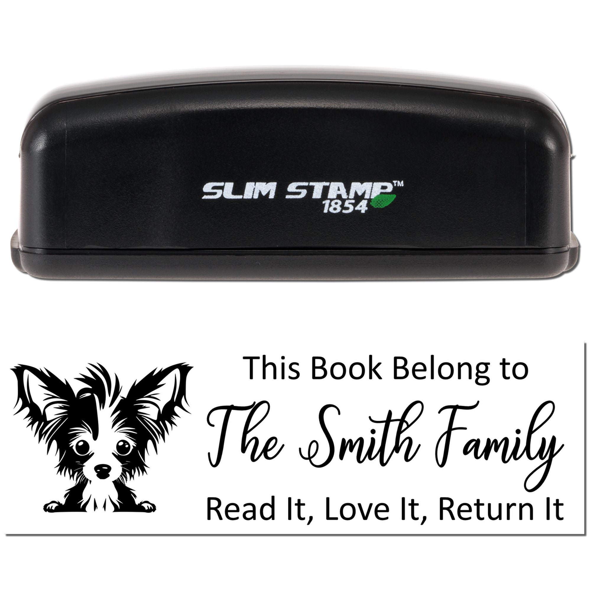 Slim Stamp 1854 self-inking rubber stamp with custom book plate design, dog illustration, and This Book Belongs To text.