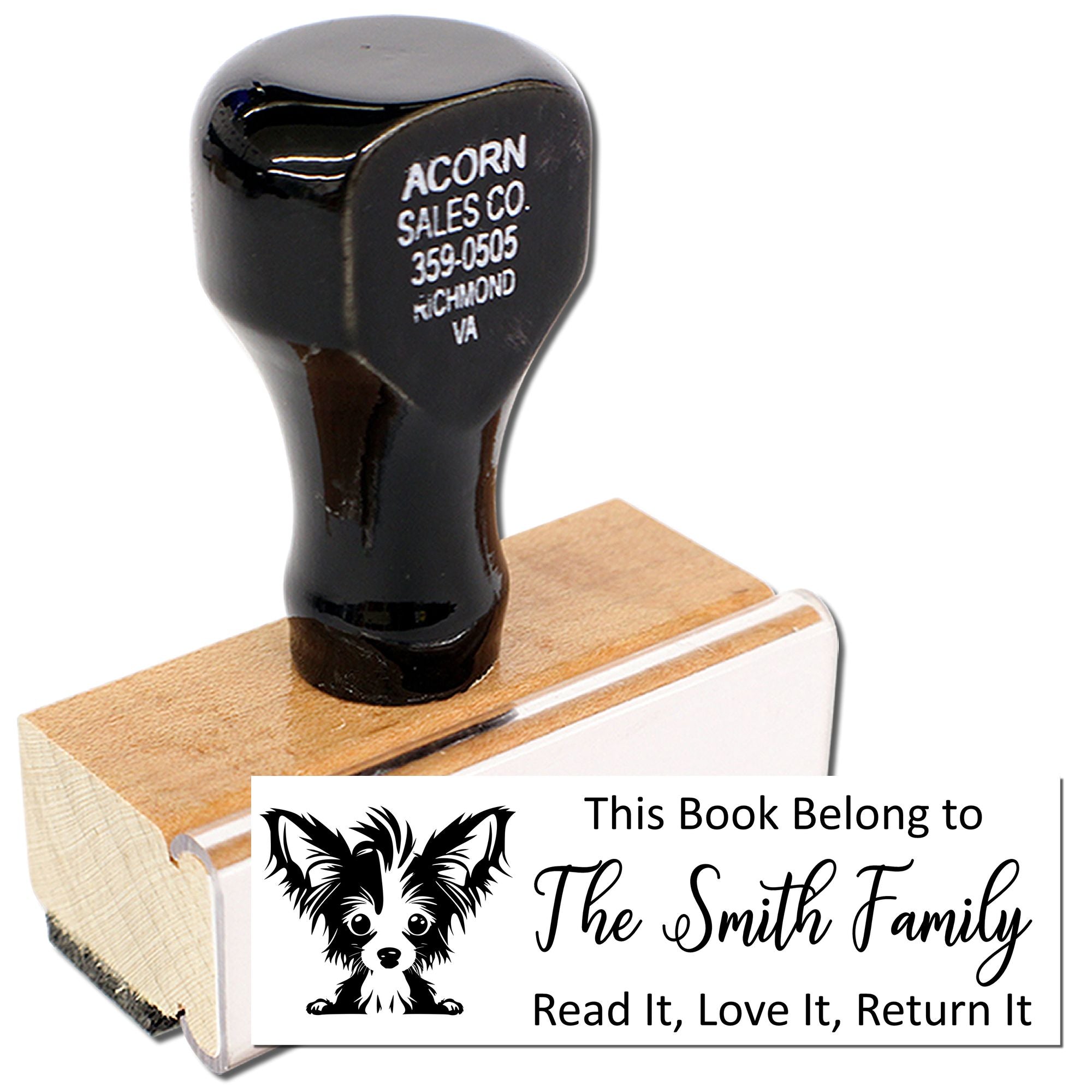 Personalized book return rubber stamp with dog graphic for The Smith Family bookplate and return label.