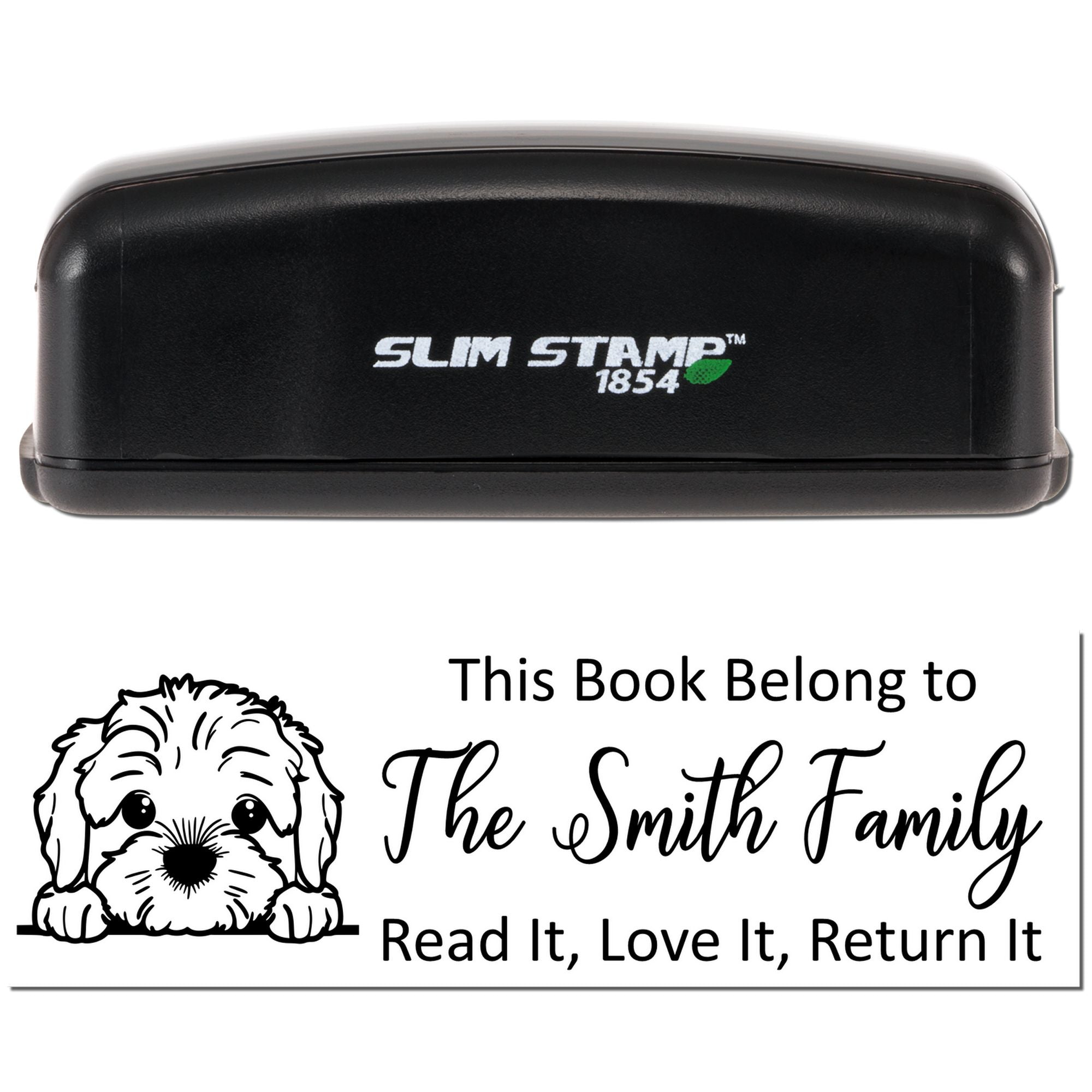Personalized book rubber stamp with dog design, reading This Book Belong to The Smith Family and return-it message.