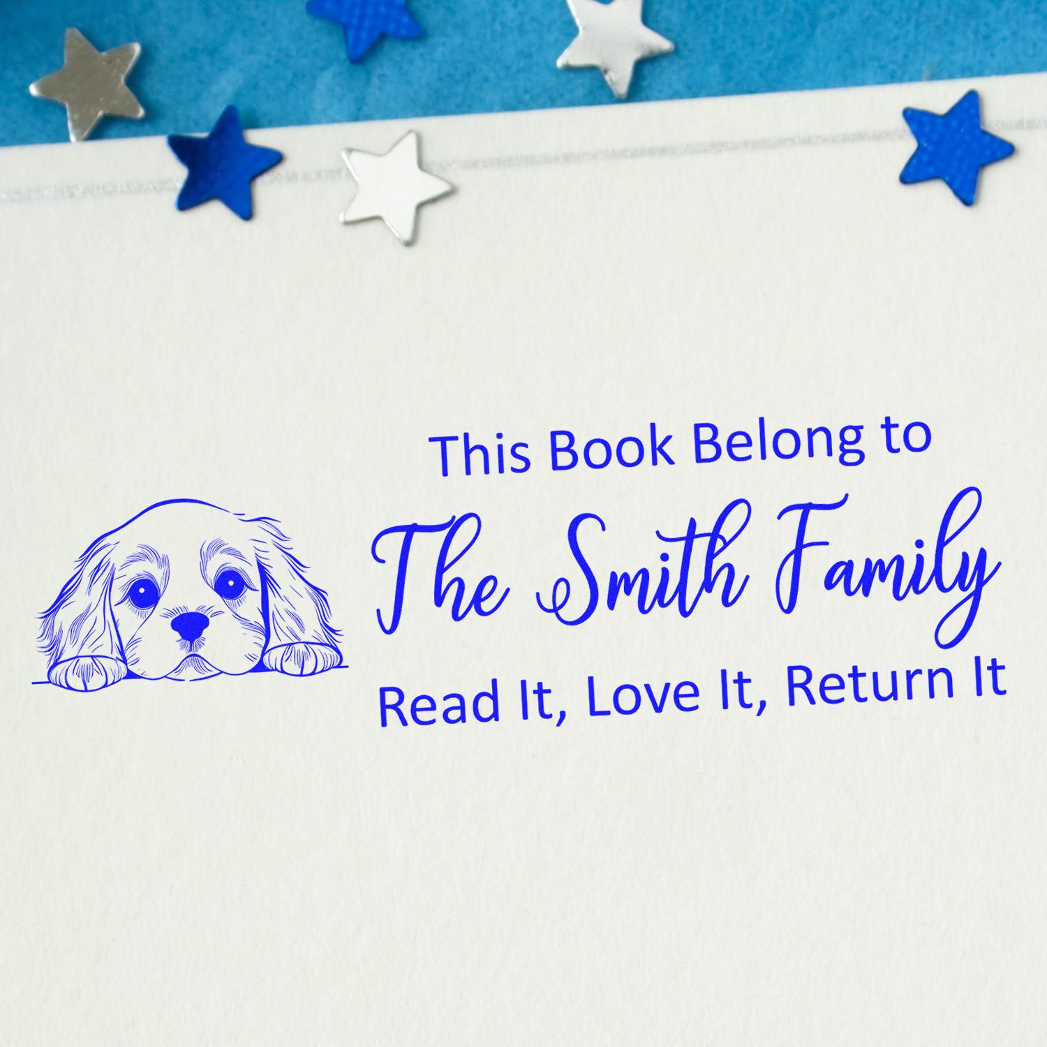 Custom childrens book rubber stamp with dog illustration: This Book Belongs to The Smith Family, Read It, Love It, Return It.
