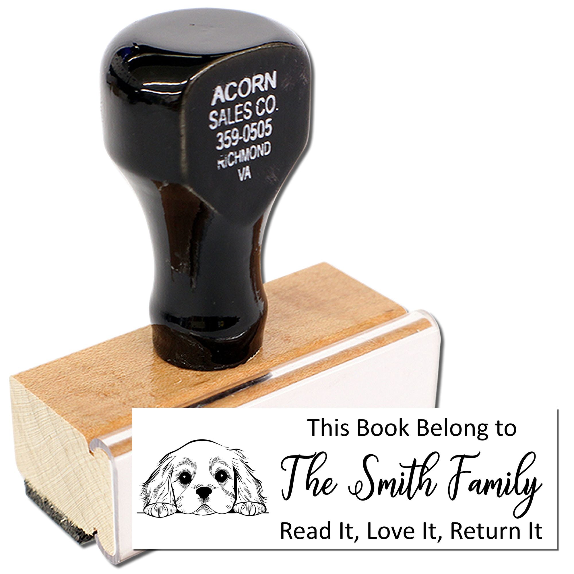 Custom rubber book stamp with dog design and This Book Belong to The Smith Family return-it message