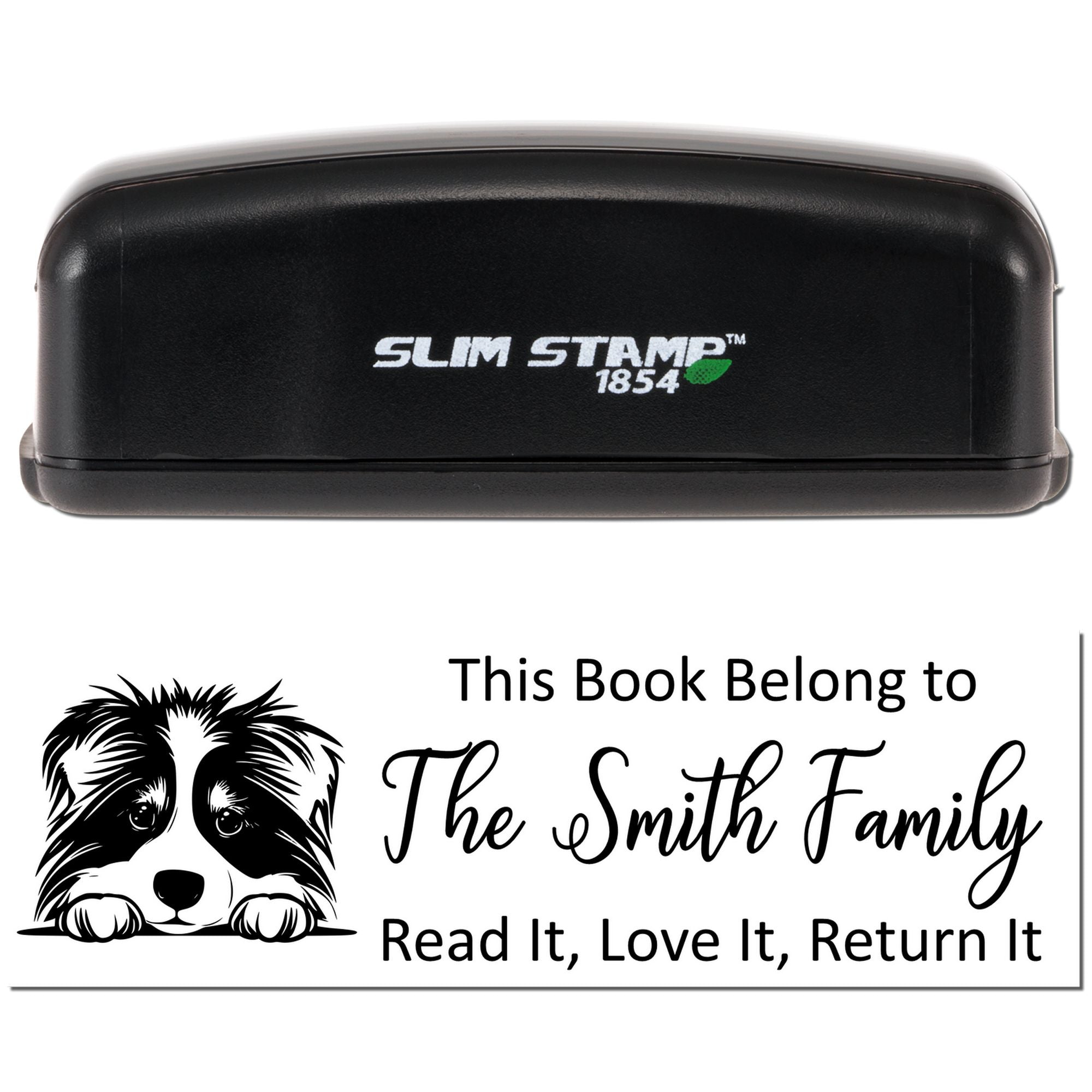 Custom self-inking rubber stamp for book labels, featuring dog design and This Book Belongs to The Smith Family text.