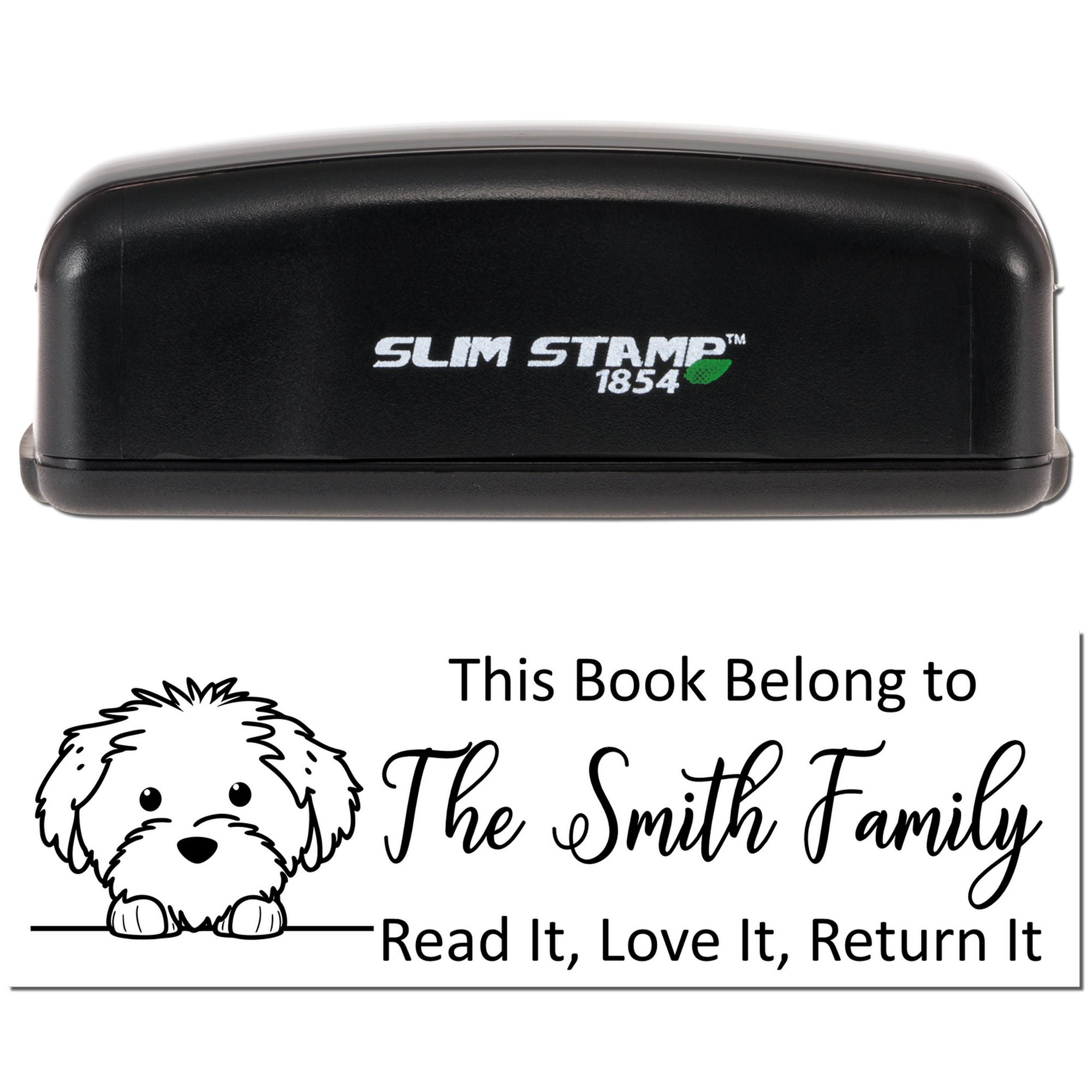Personalized self-inking book rubber stamp with dog design for family libraries, reading "Read It, Love It, Return It"