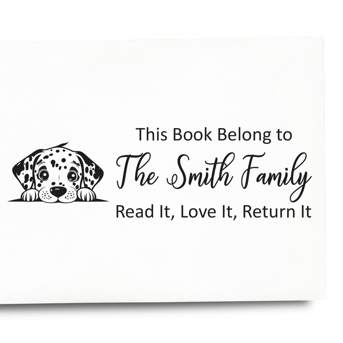 Personalized Dalmatian book stamp with This Book Belongs to The Smith Family message for childrens books.