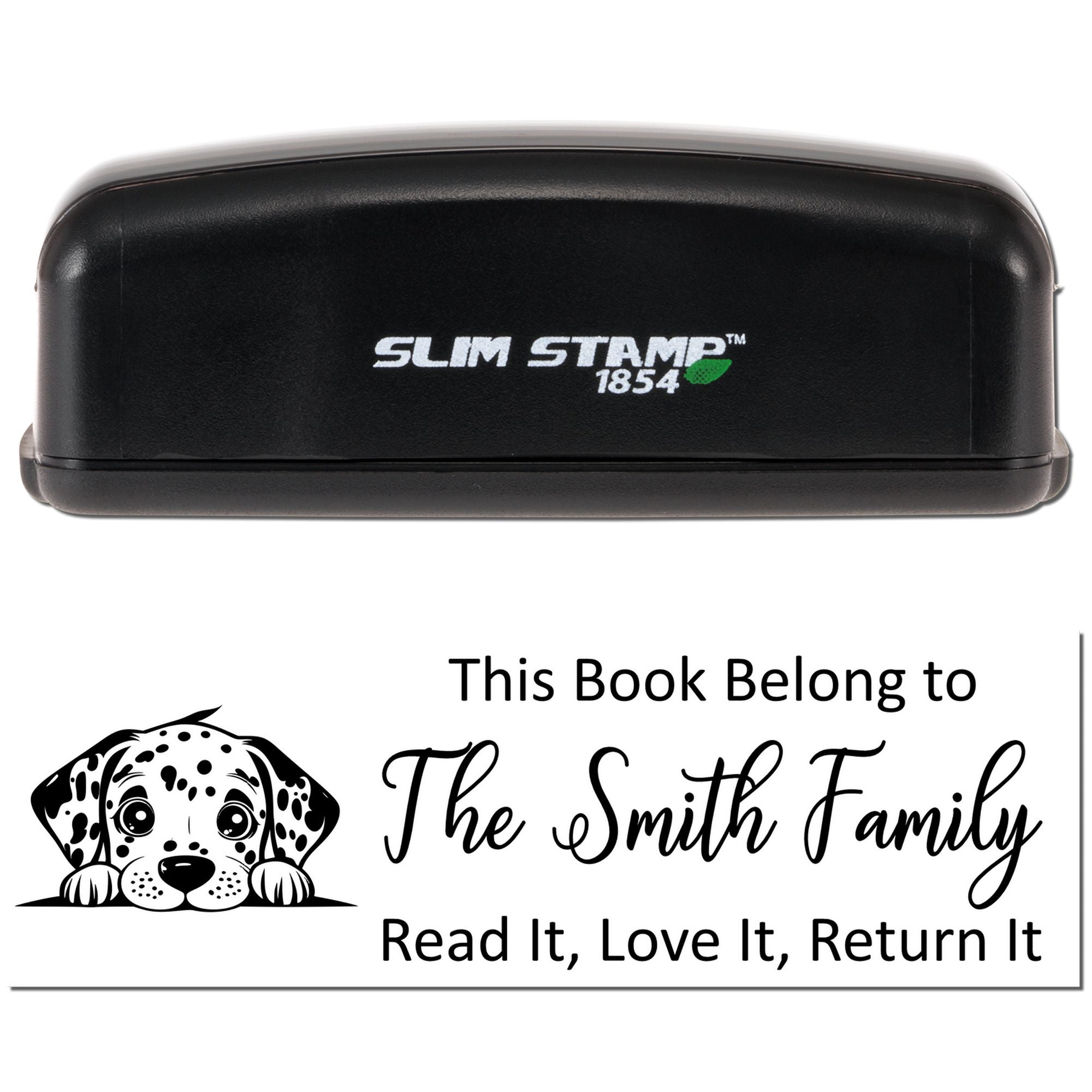 Self-inking book rubber stamp with dog design and custom This Book Belongs to return message for The Smith Family.