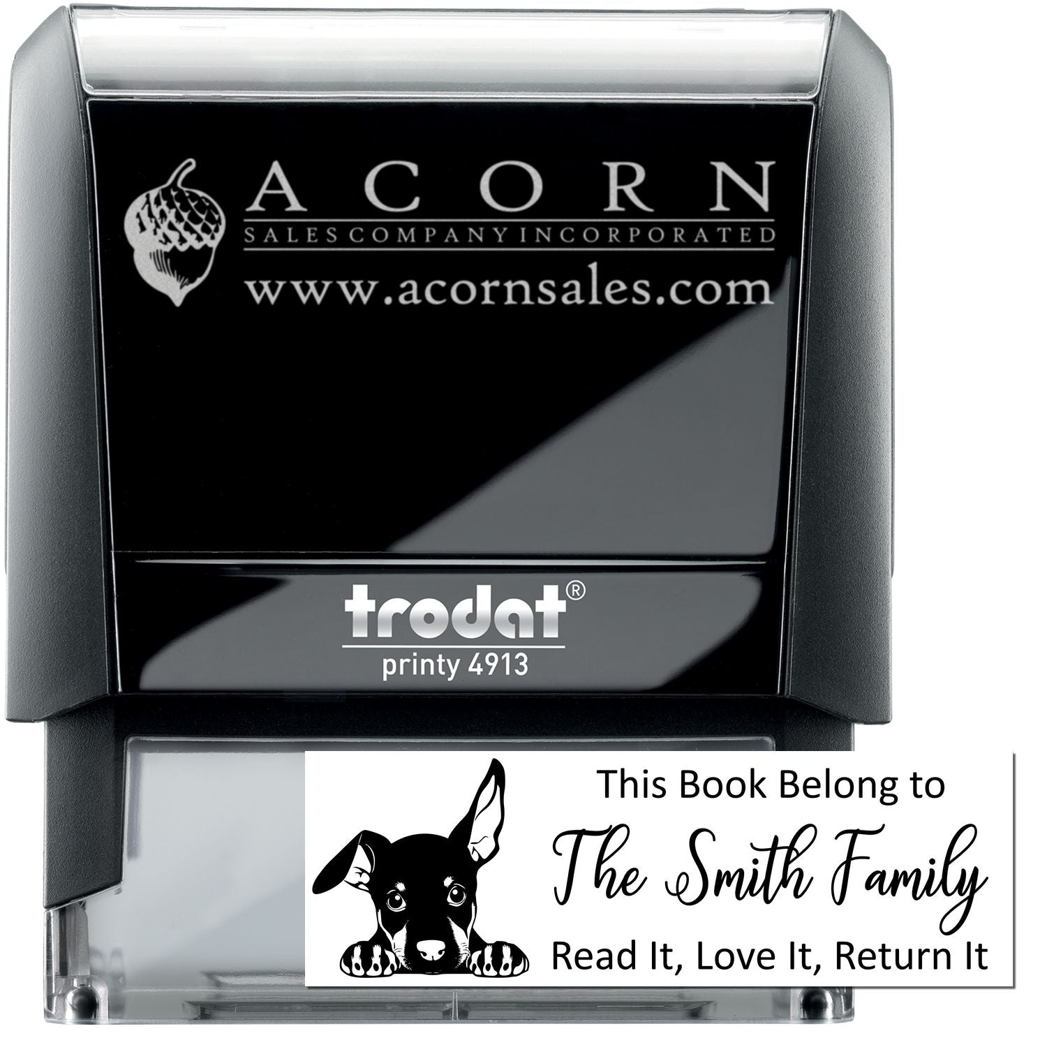 Custom self-inking rubber stamp examples, including a business logo stamp and personalized This Book Belongs to book return stamp.