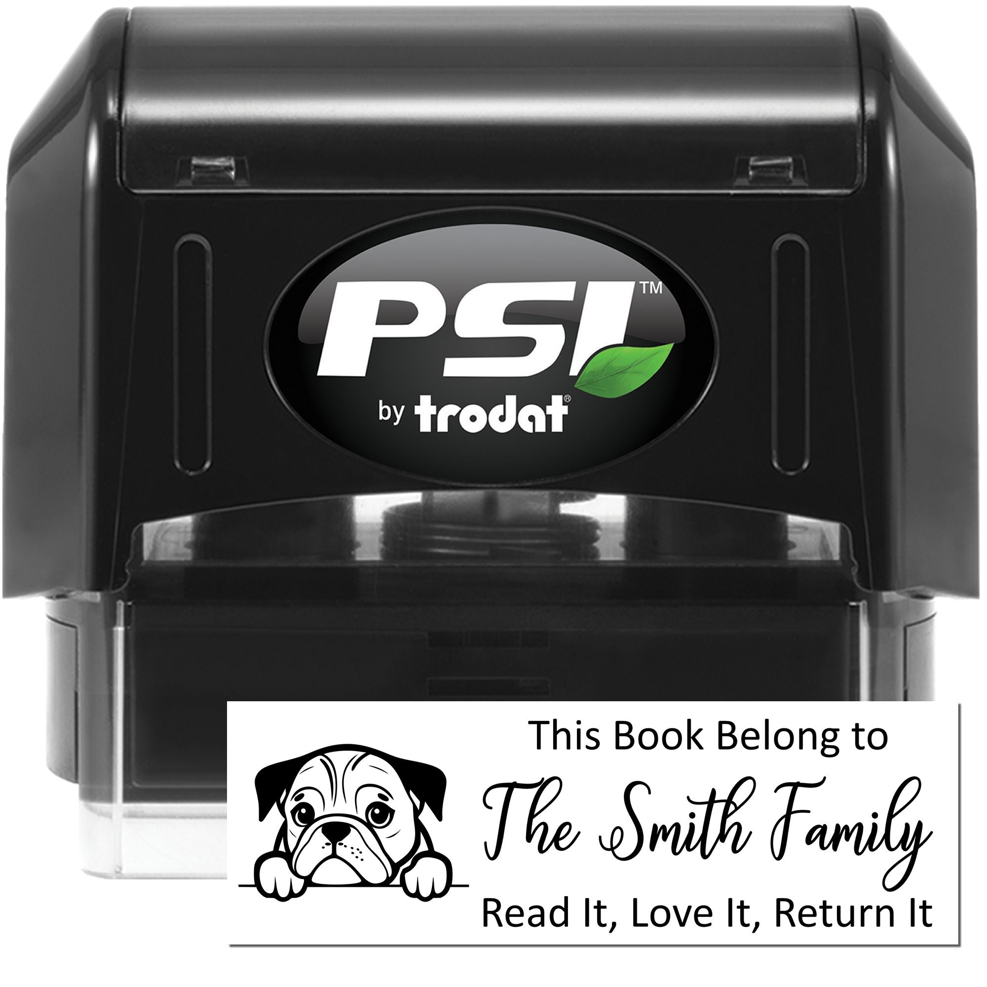 PSI by Trodat personalized self-inking rubber stamp for books, with dog graphic and This Book Belongs to the Smith Family message.