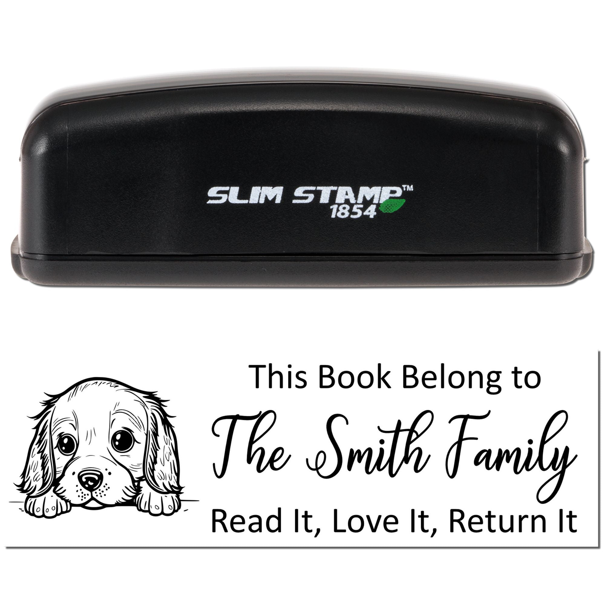 Custom book stamp with dog illustration, reading This Book Belongs to The Smith Family and Read It, Love It, Return It.