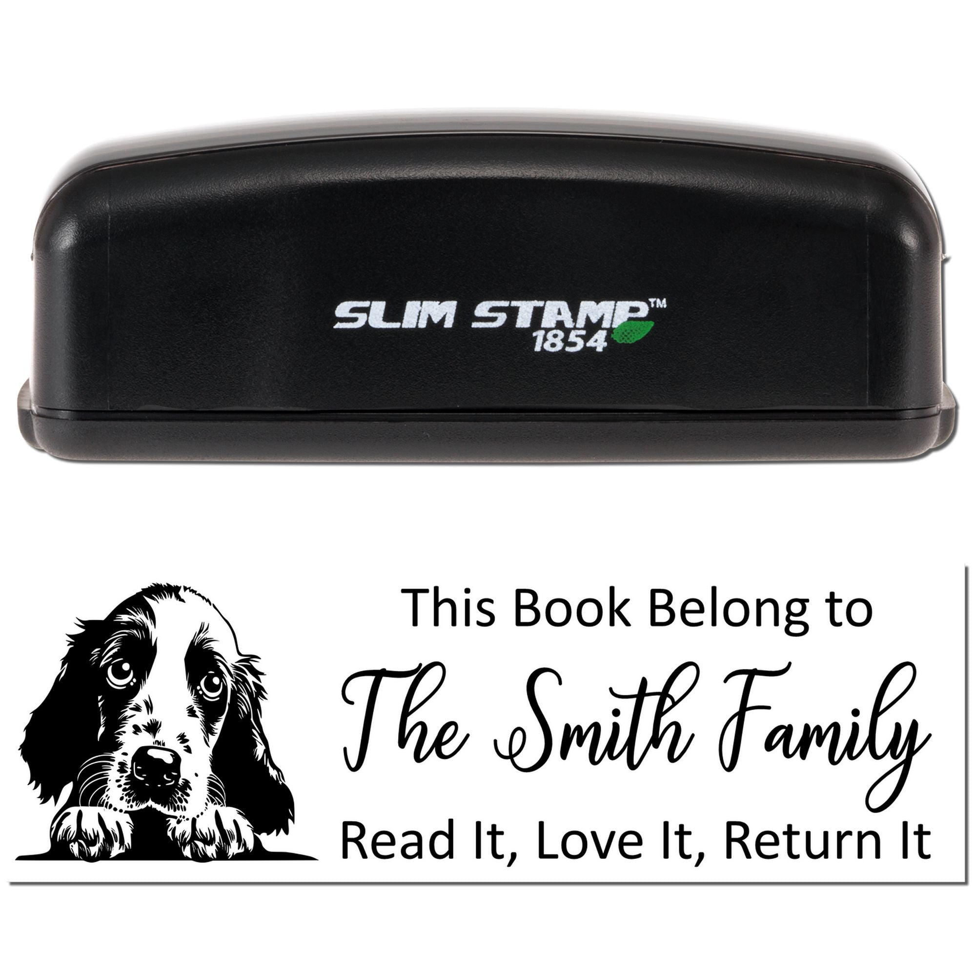 Personalized book return rubber stamp with dog illustration and This Book Belongs to The Smith Family text, Slim Stamp 1854