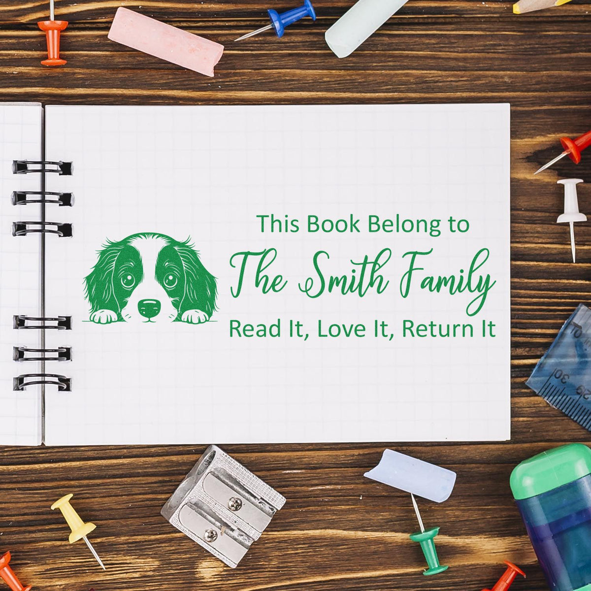 Custom rubber book stamp with dog design, This Book Belongs to The Smith Family, Read It, Love It, Return It