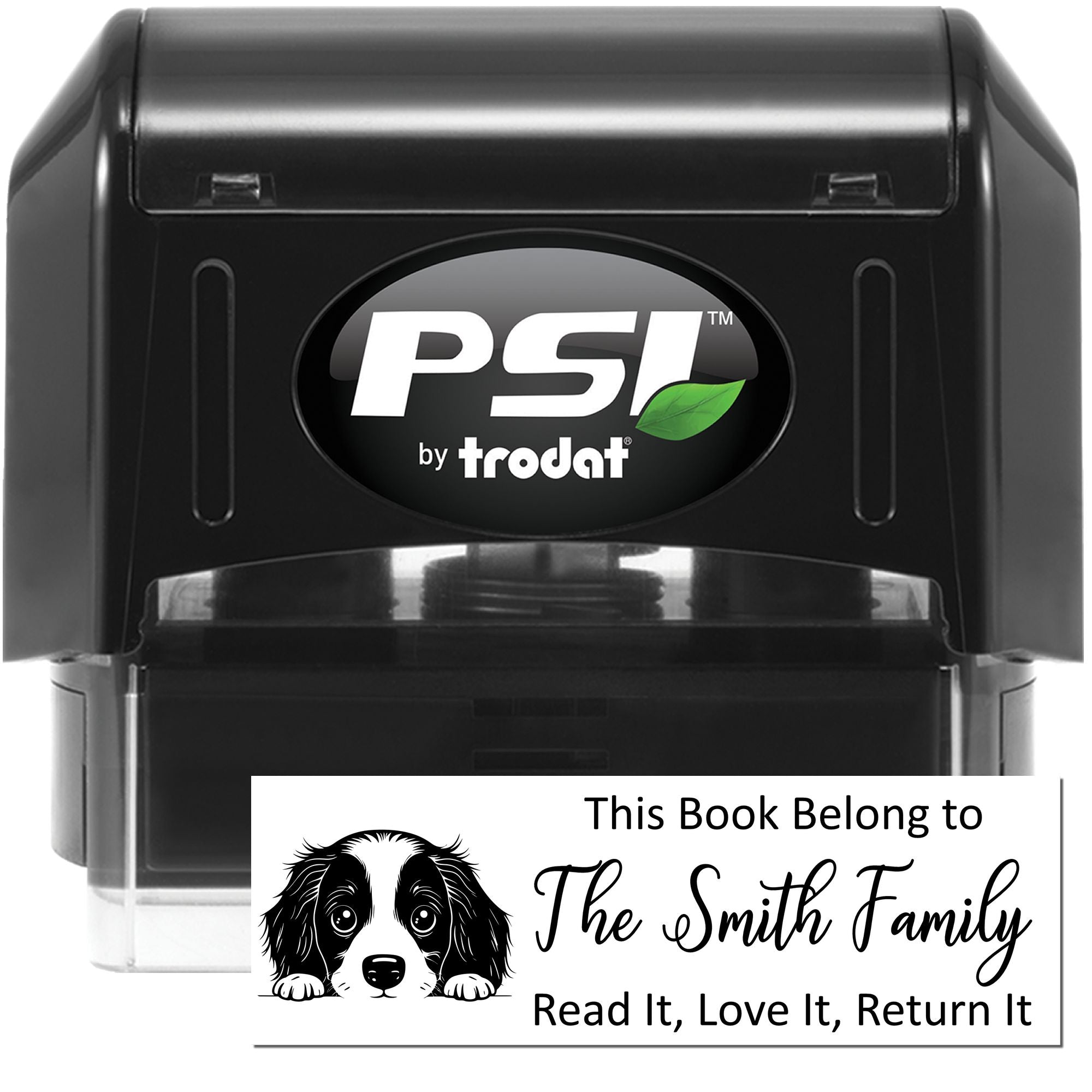 PSI by Trodat custom rubber stamp for personalized bookplates, featuring a This Book Belongs to The Smith Family return-it message.