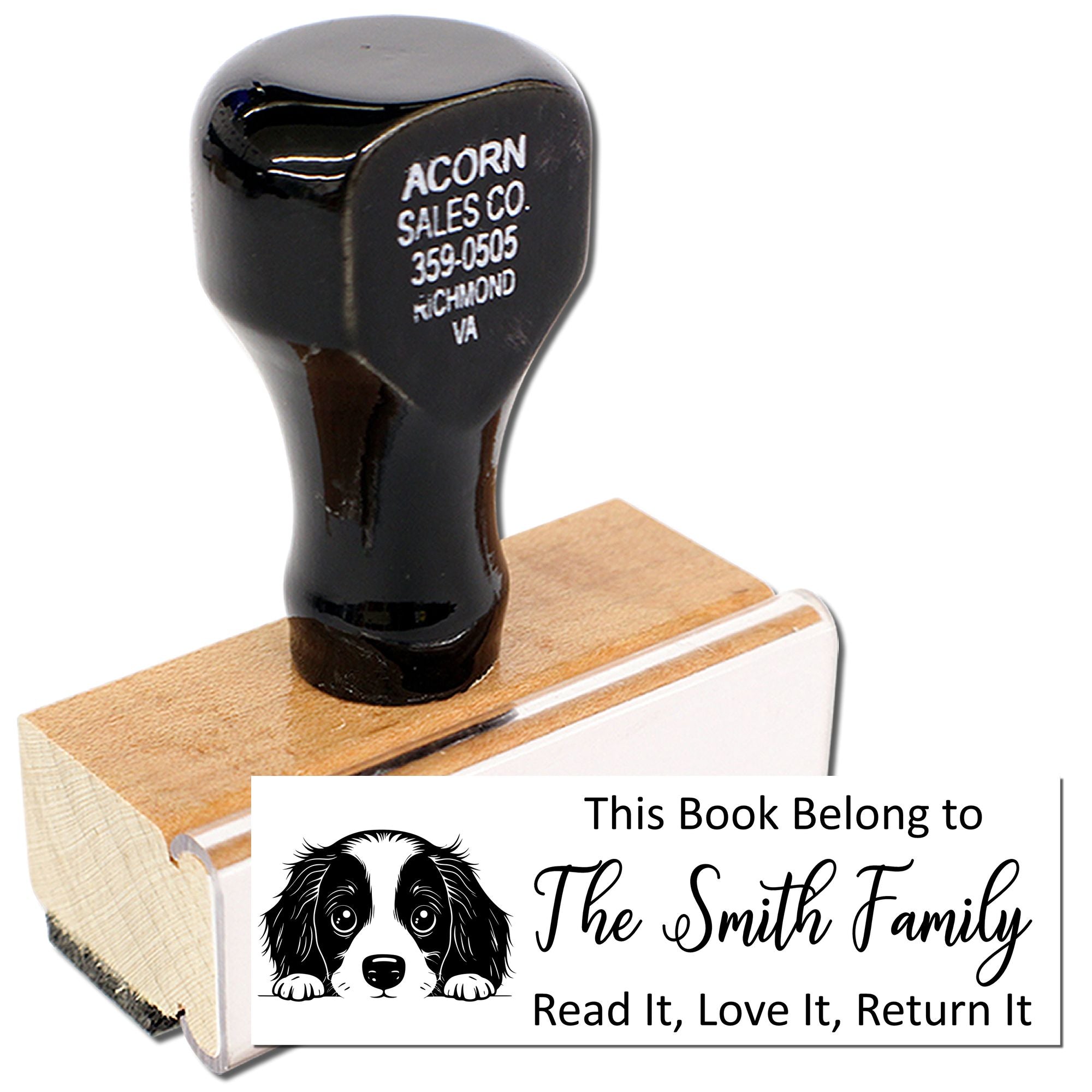 Custom personalized book return stamp with dog design for The Smith Family, a library ownership stamp.