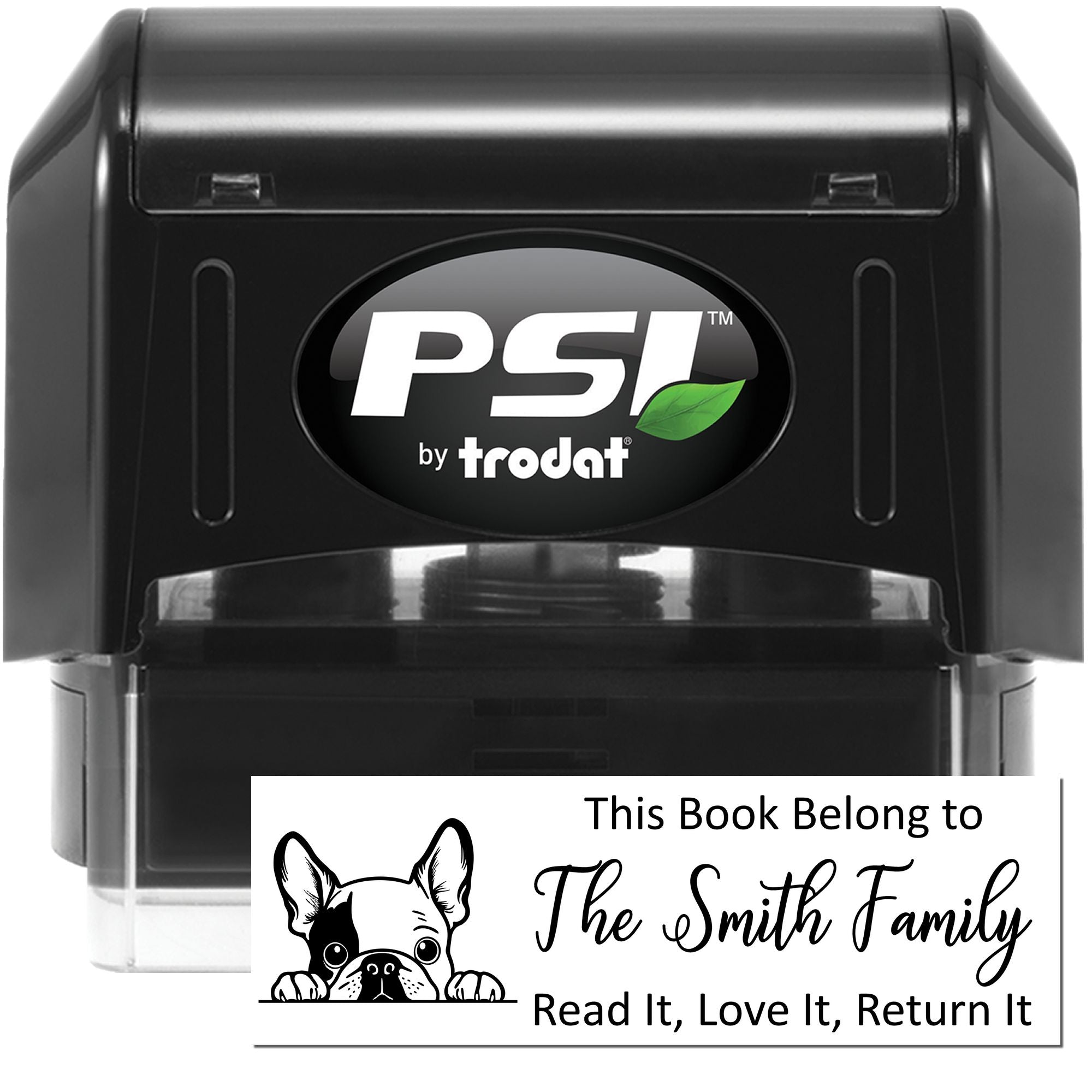PSI by Trodat self-inking personalized book rubber stamp for library labels, with This Book Belongs to The Smith Family design.