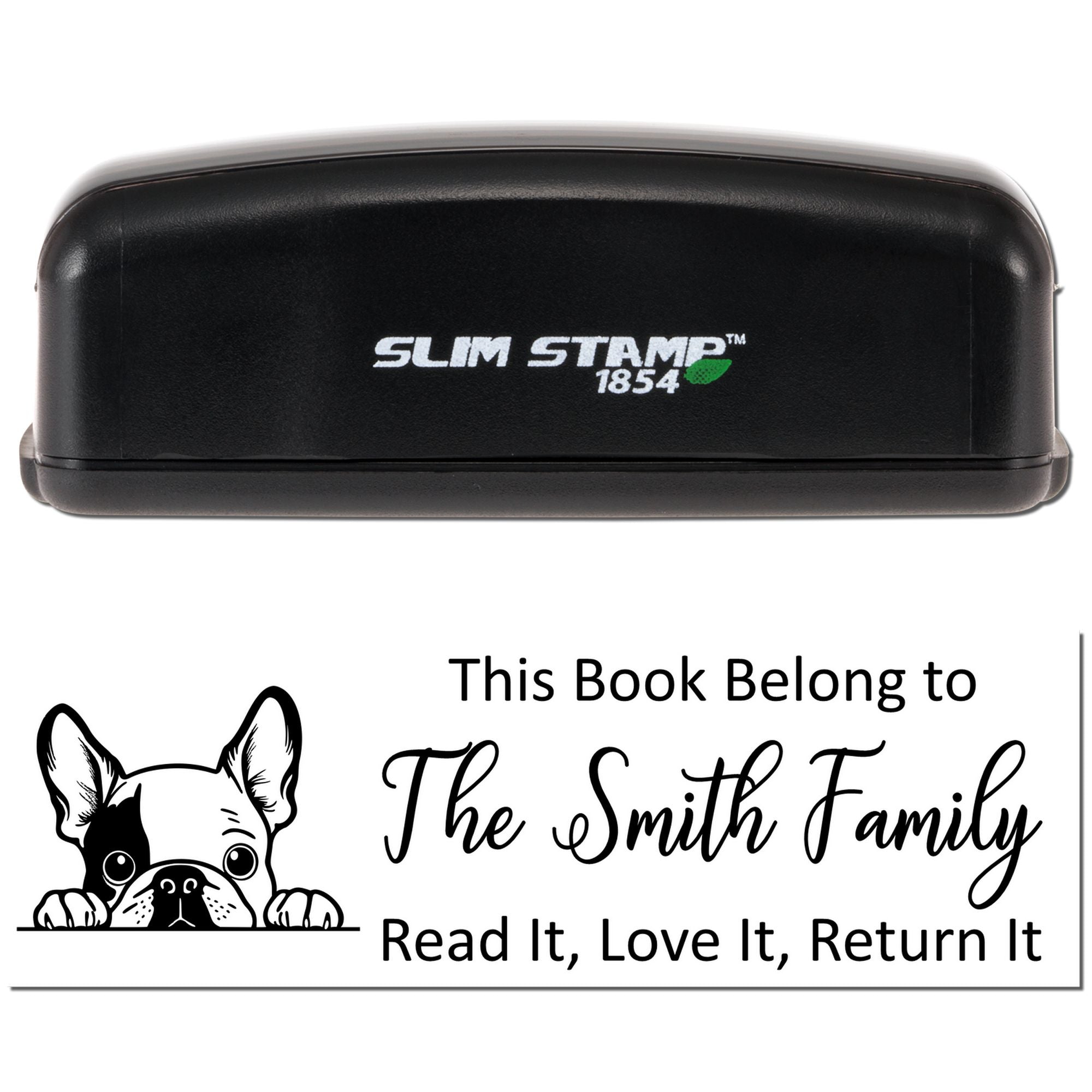 Custom self-inking rubber book stamp for The Smith Family with dog design and "Read It, Love It, Return It" text.