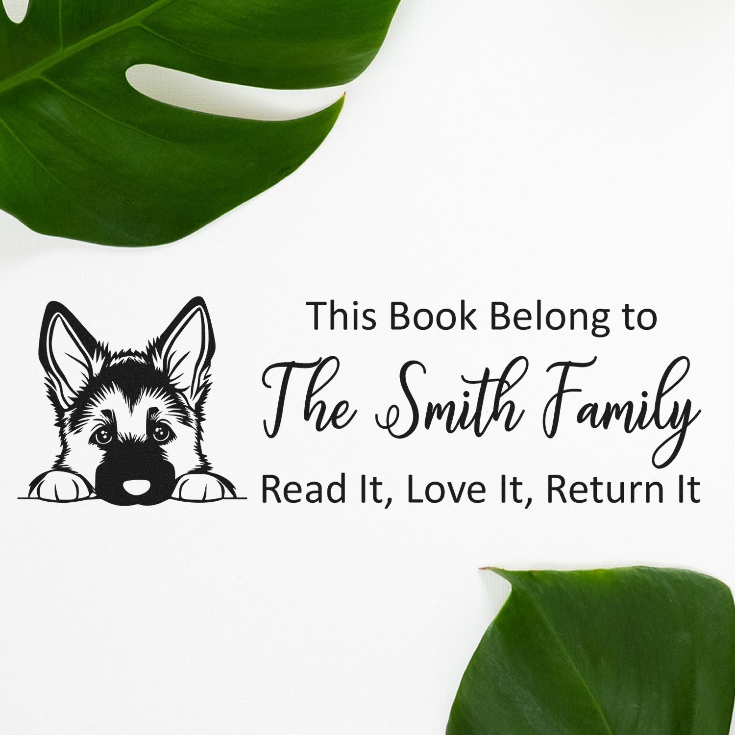 Personalized book rubber stamp with German shepherd design and family name for marking books: This Book Belong to The Smith Family.