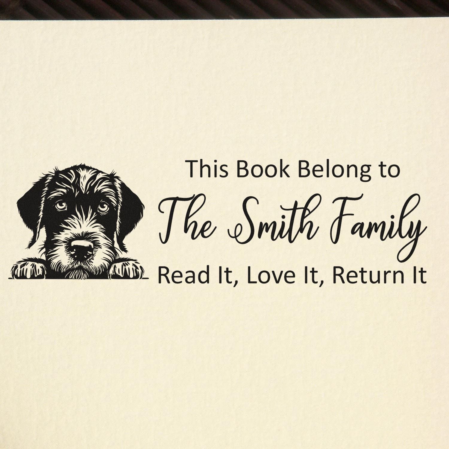 Personalized dog rubber stamp for The Smith Family with "Read It, Love It, Return It" message.