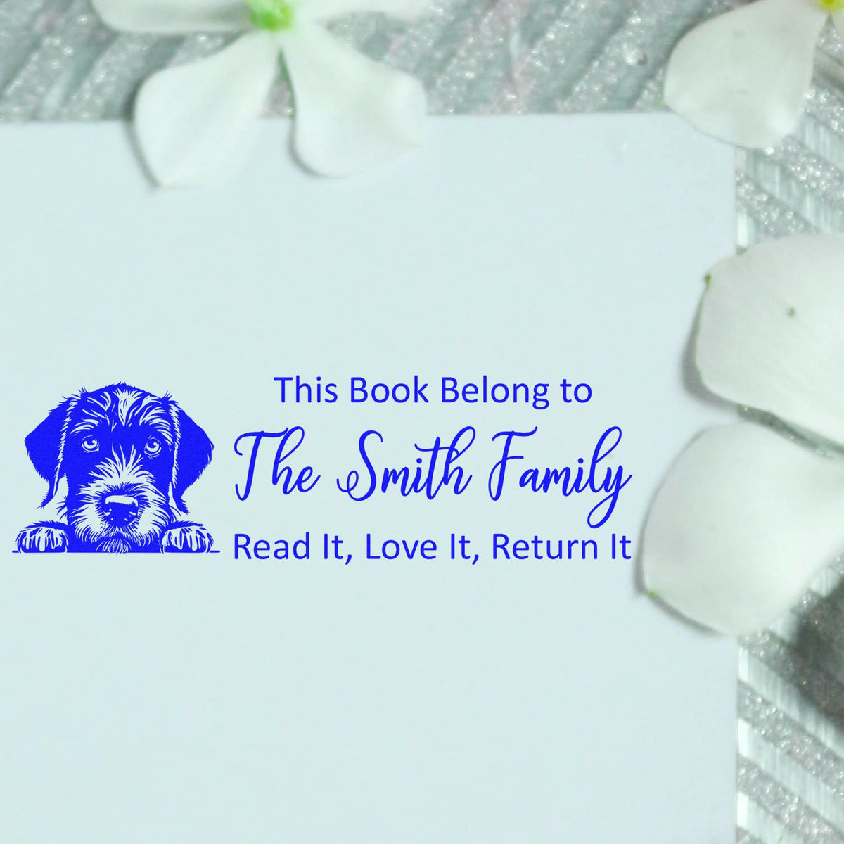 Custom dog bookplate rubber stamp with This Book Belongs to The Smith Family, Read It, Love It, Return It