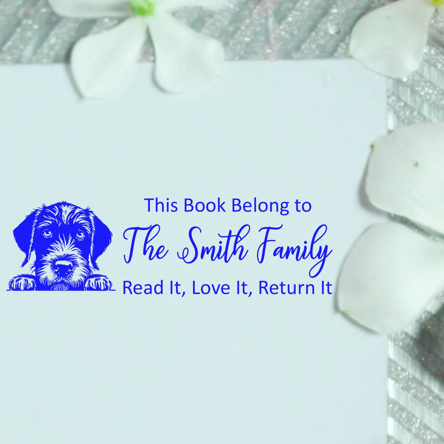 Personalized bookplate rubber stamp with dog design and Smith family name, Read It, Love It, Return It.