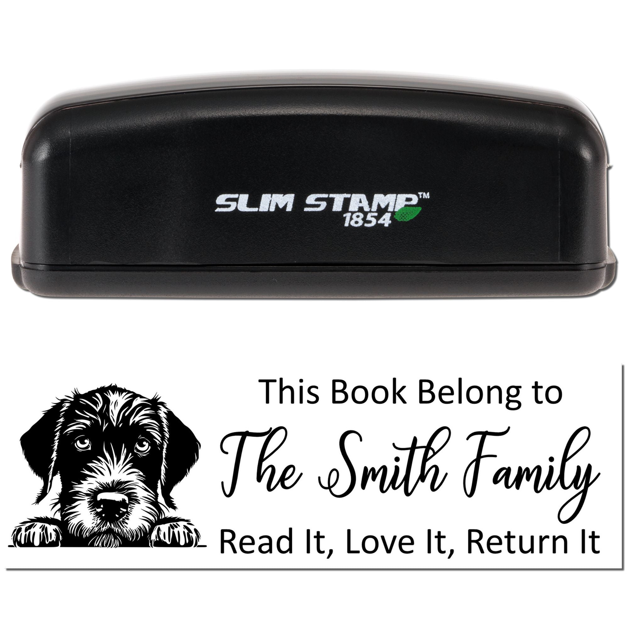 Slim Stamp 1854 custom rubber book stamp with dog design and This Book Belongs to The Smith Family return-it message