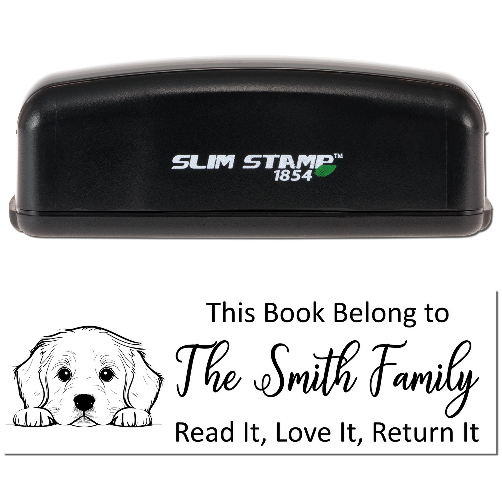 Personalized self-inking rubber book stamp with dog design and family name for books: Read It, Love It, Return It.