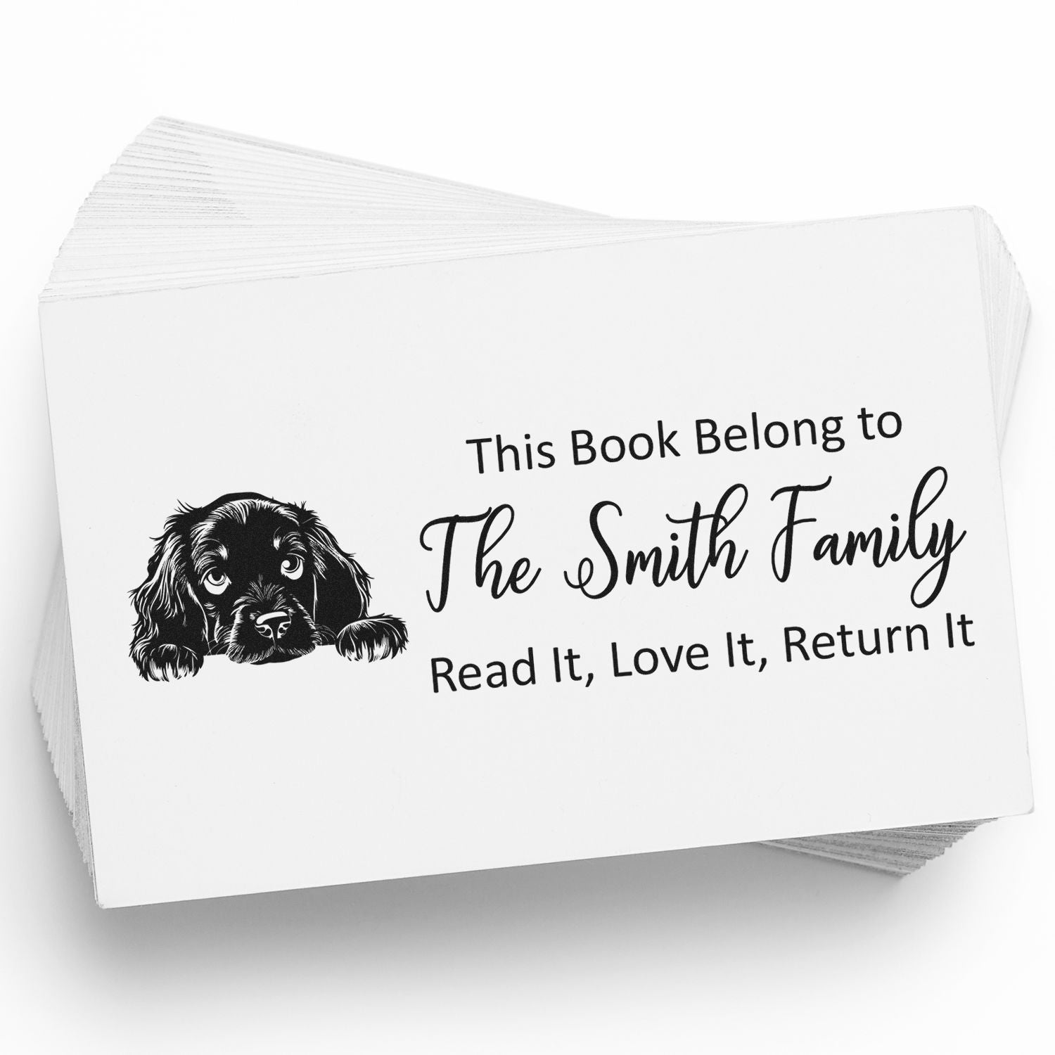 Custom book plate rubber stamp with dog art for The Smith Family, reading Read It, Love It, Return It.