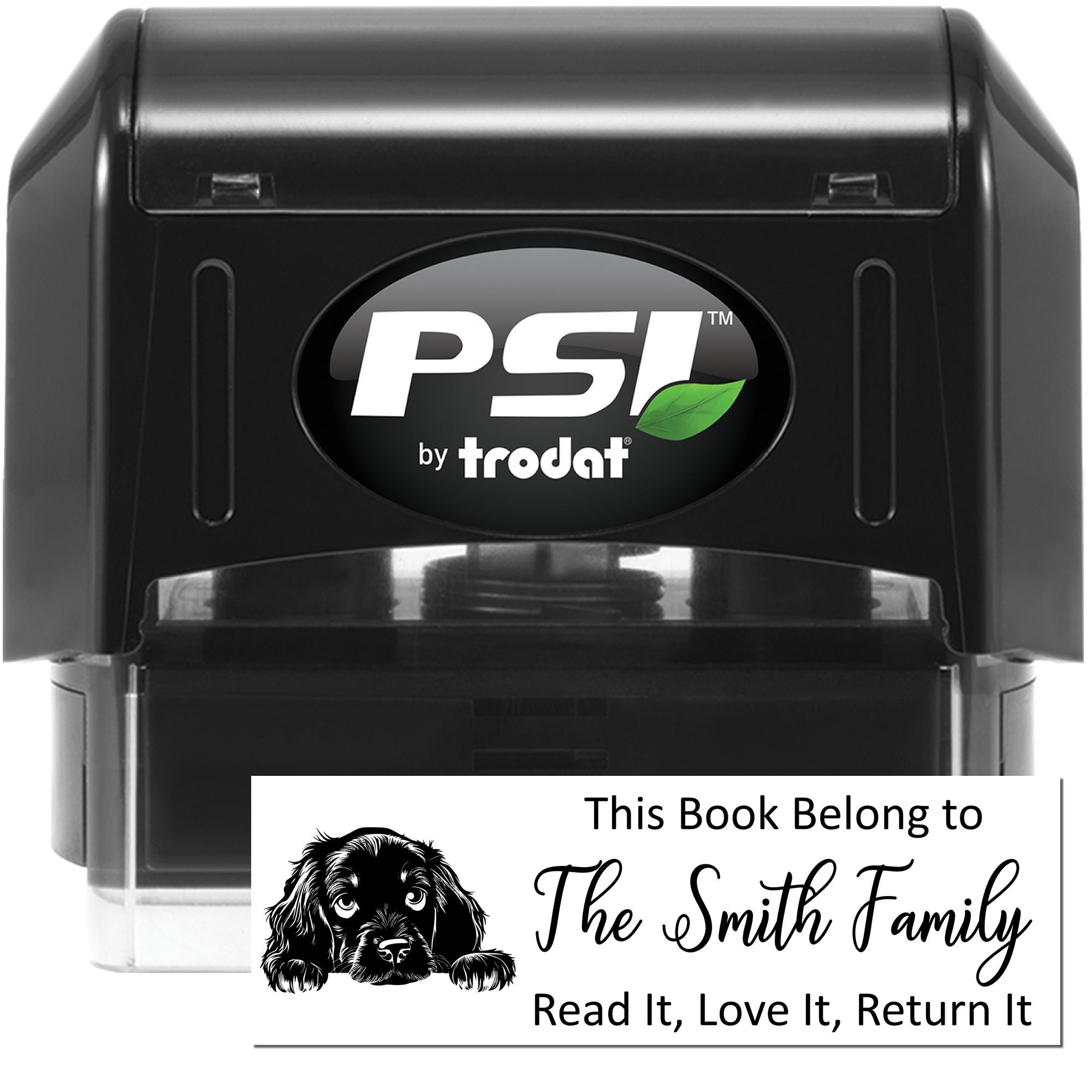 PSI by Trodat self-inking rubber stamp for books, personalized This Book Belongs to The Smith Family return design.
