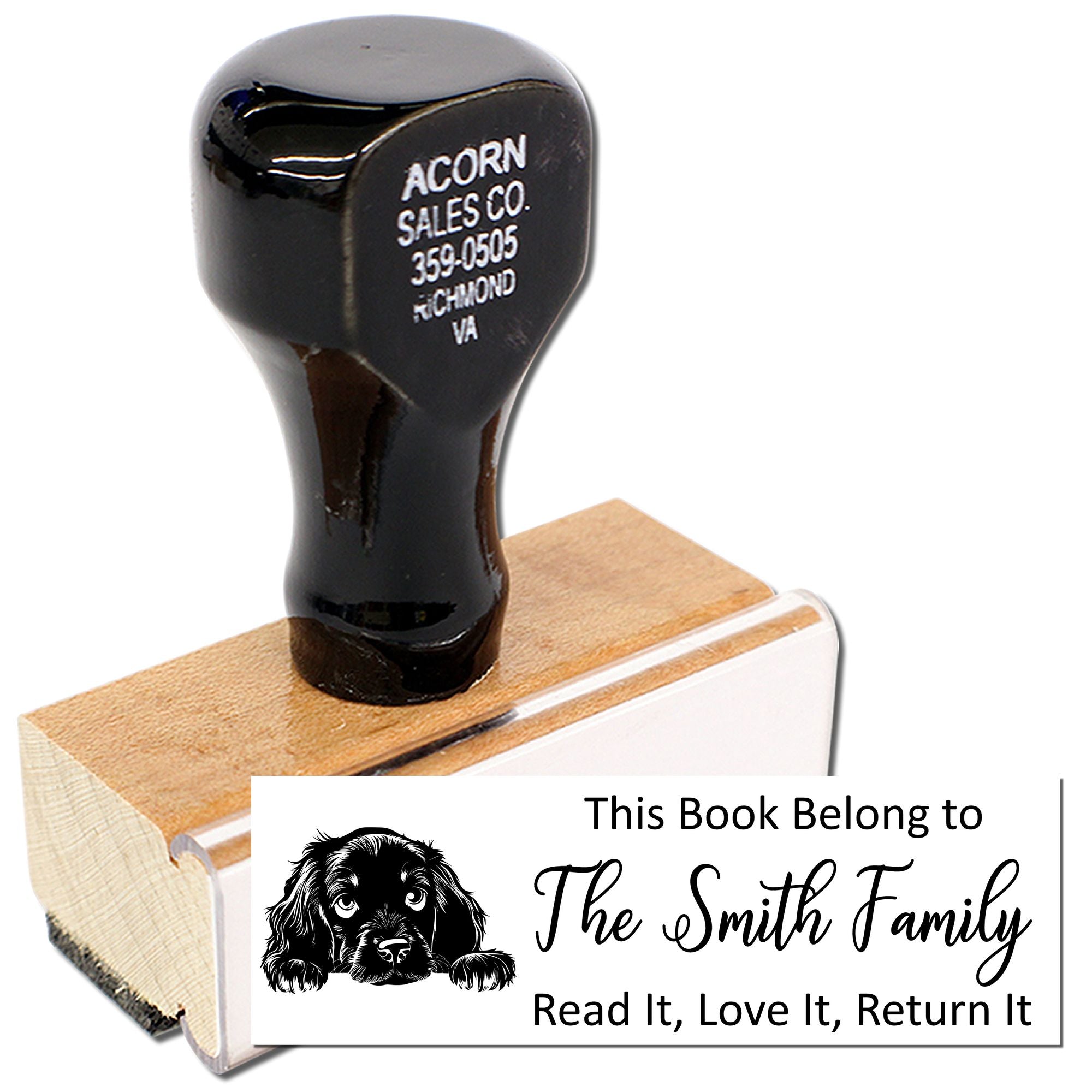 Custom dog book return rubber stamp for The Smith Family, with This Book Belongs To and Read It, Love It, Return It.