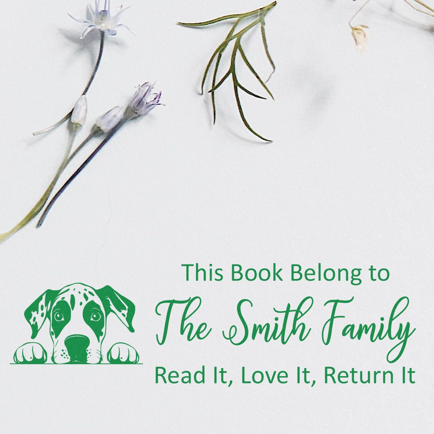 Personalized book return rubber stamp with dog design and Smith Family name, reading Read It, Love It, Return It