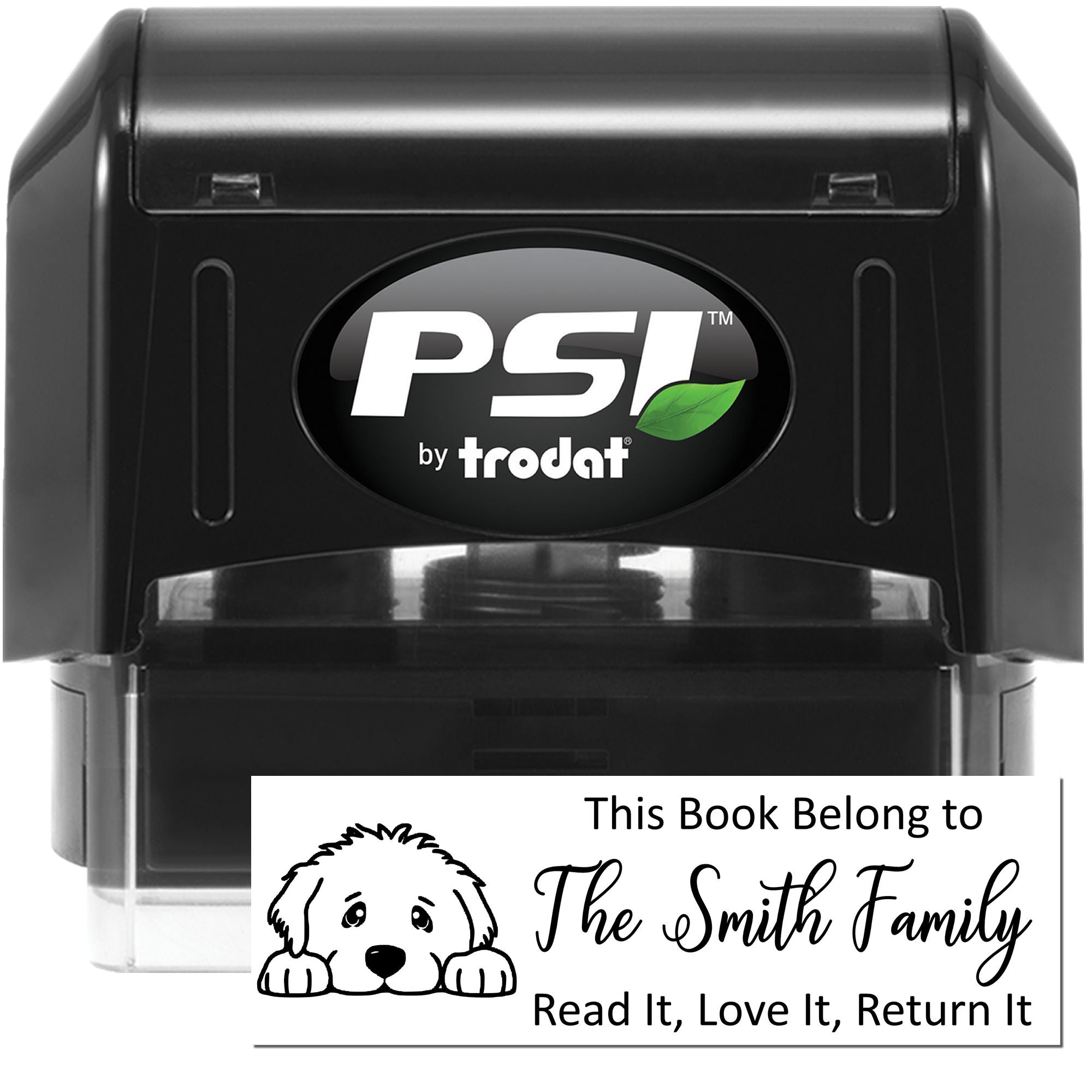 PSI by Trodat self-inking rubber stamp for personalized book labels, with This Book Belong to The Smith Family return message.
