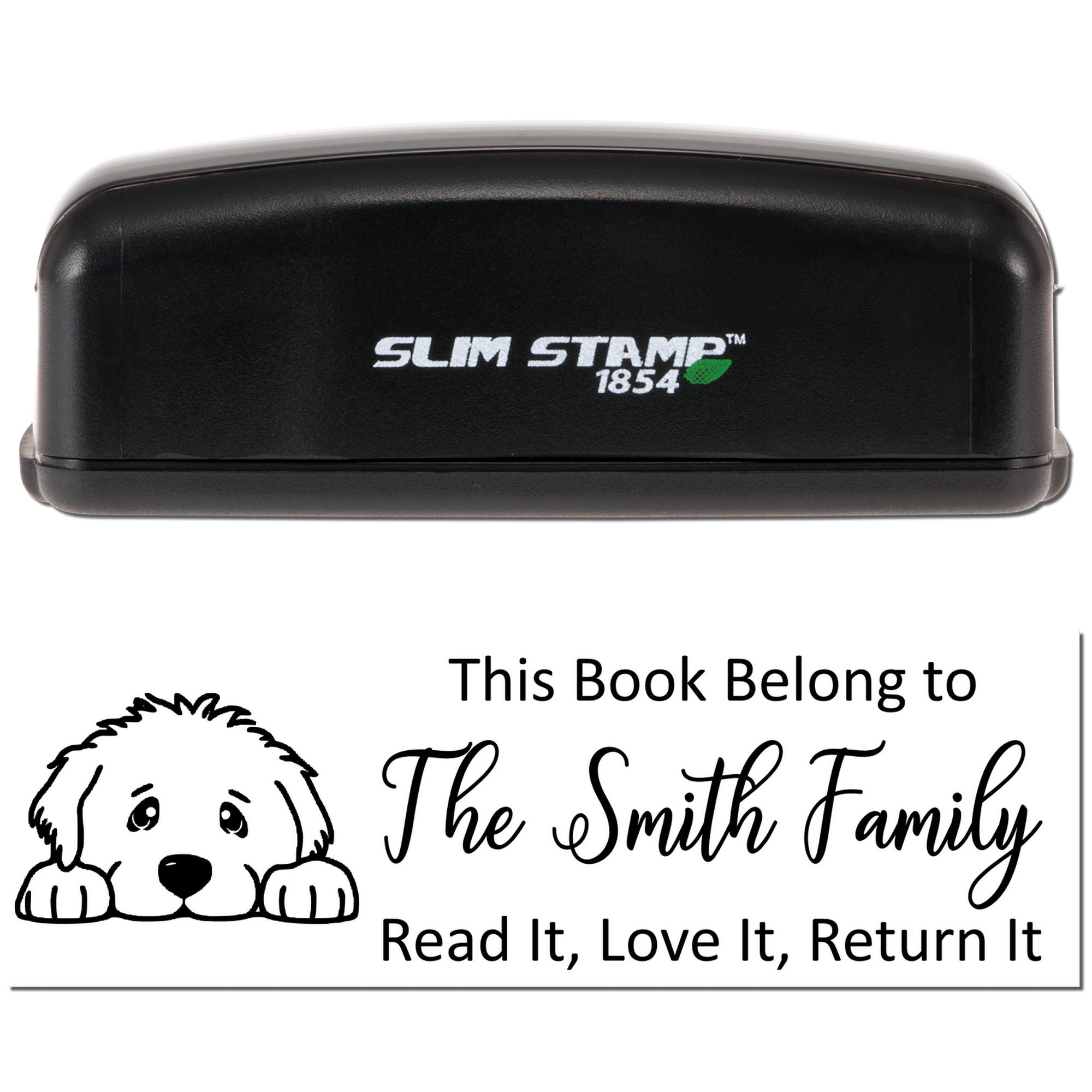 Custom self-inking rubber book stamp with dog design for personalized This Book Belongs to The Smith Family return reminder.