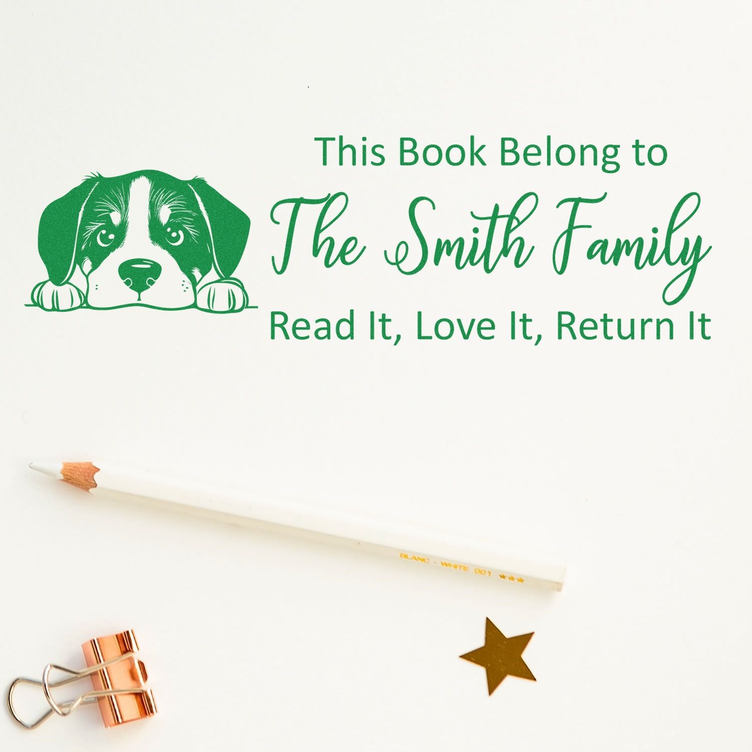 Personalized dog book stamp with This Book Belongs to The Smith Family and Read it, Love it, Return it message.