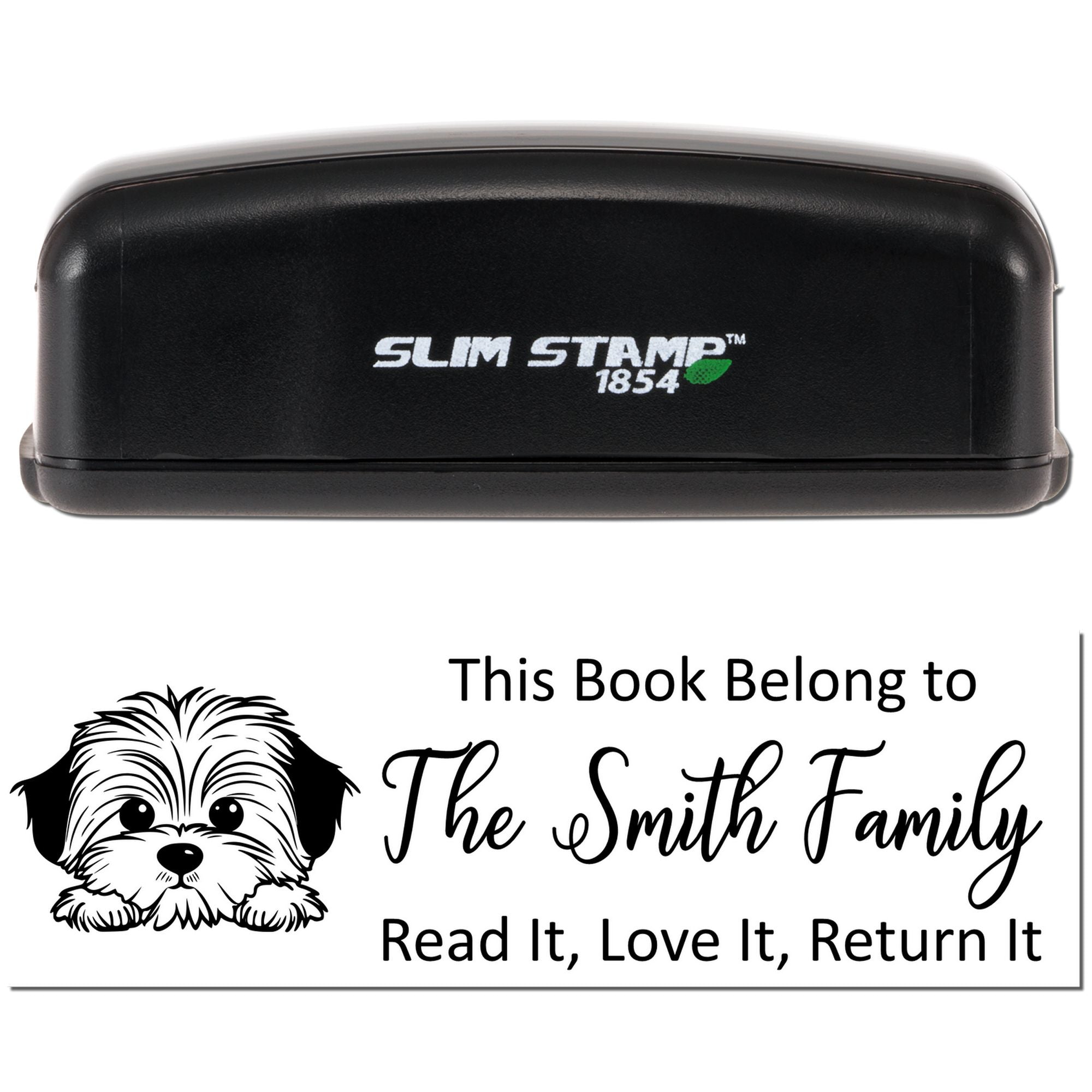 Personalized bookplate rubber stamp with dog illustration, reading This Book Belong to The Smith Family, Read It, Love It, Return It.
