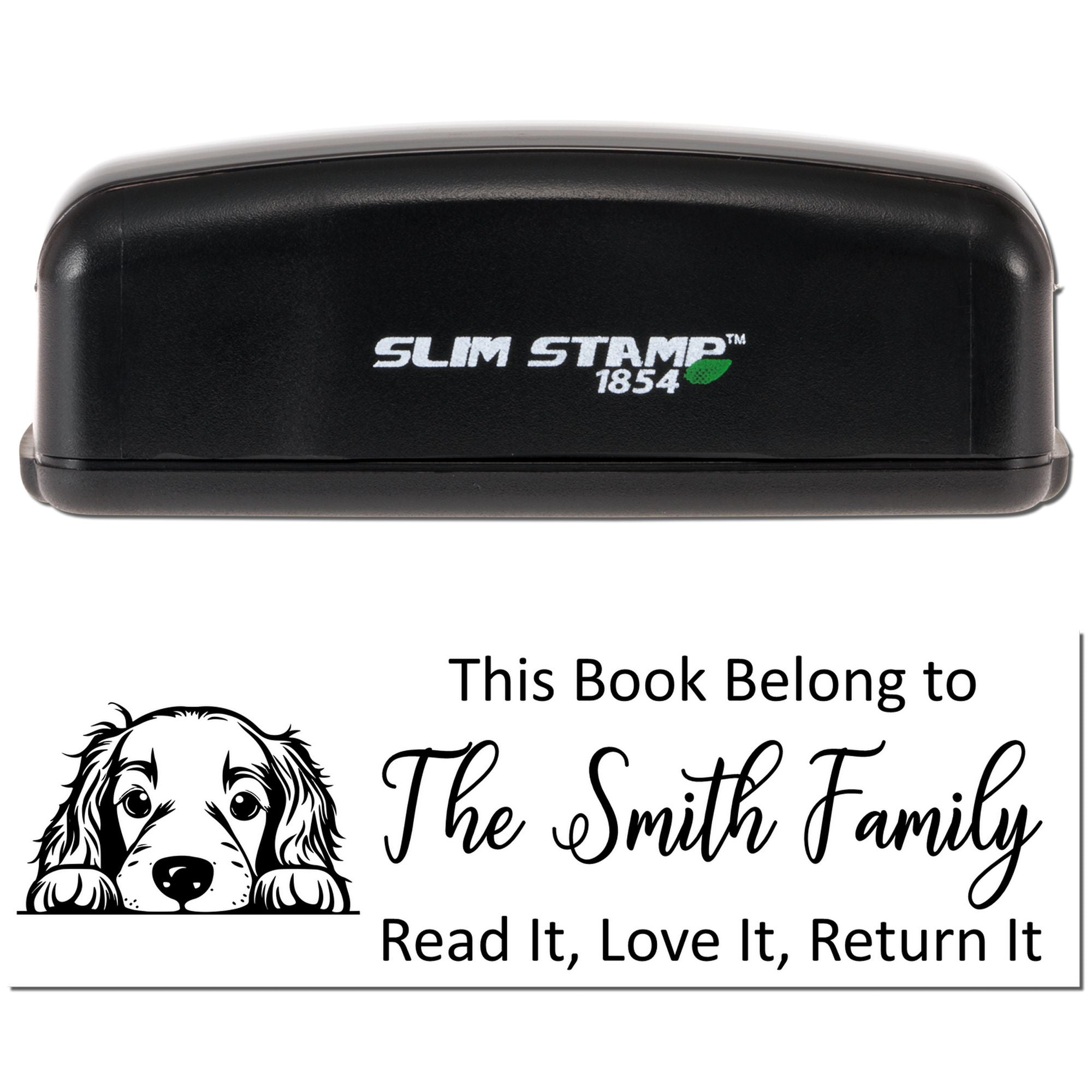Personalized self-inking rubber book stamp with dog design and This Book Belongs to The Smith Family return notice.