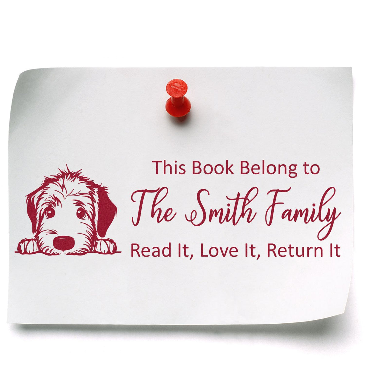 Personalized dog book plate rubber stamp for The Smith Family library books, with Read It, Love It, Return It message.