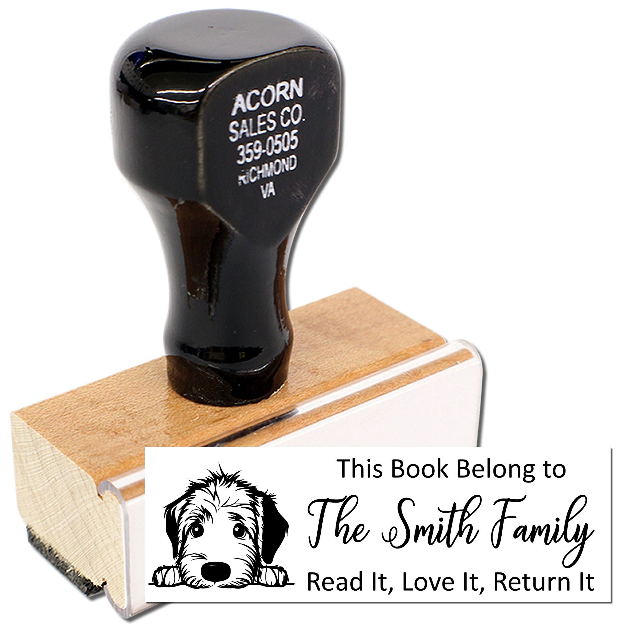 Personalized rubber stamp for books, with dog graphic and This Book Belong to The Smith Family return notice.