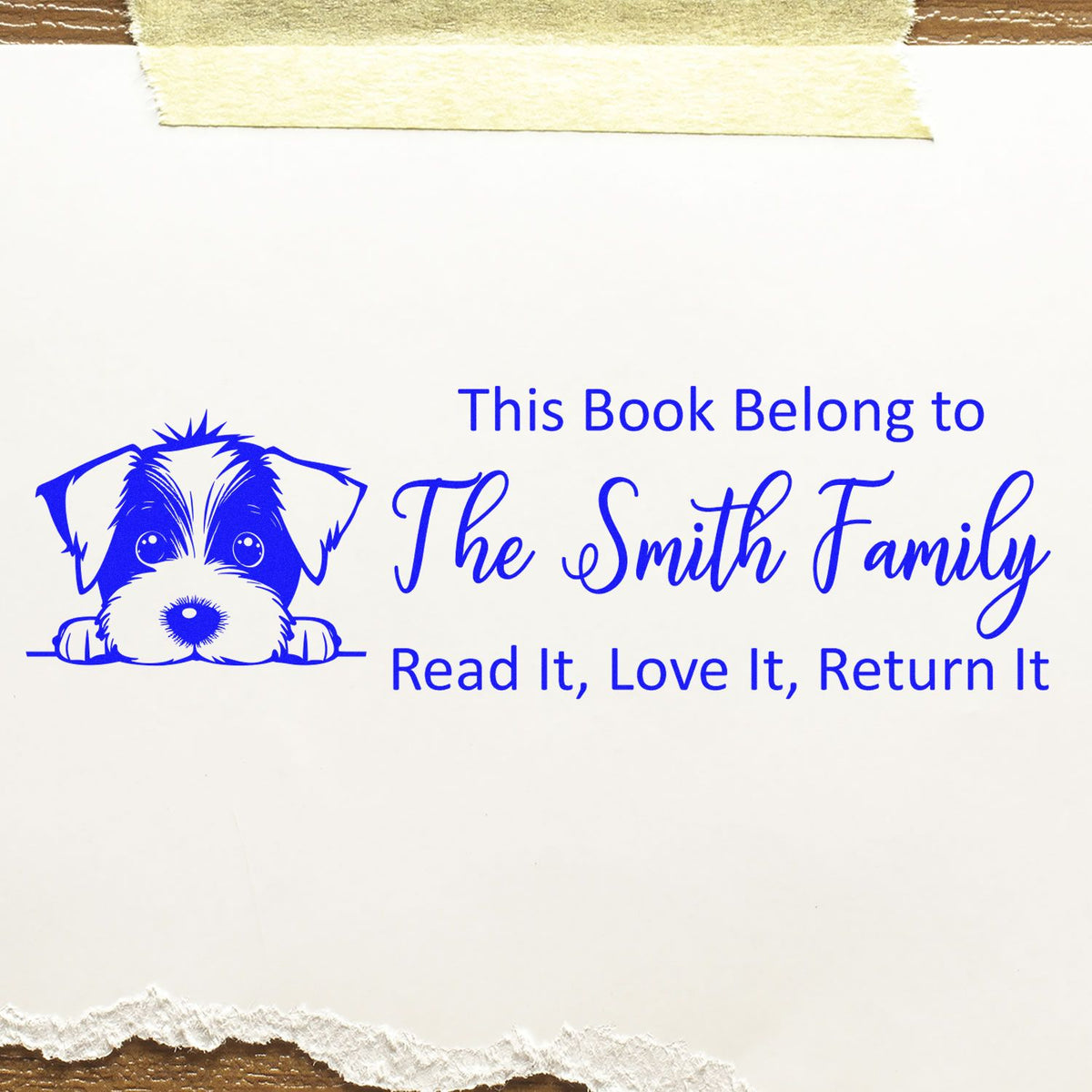 Custom dog book rubber stamp with This Book Belongs to The Smith Family and Read It, Love It, Return It.