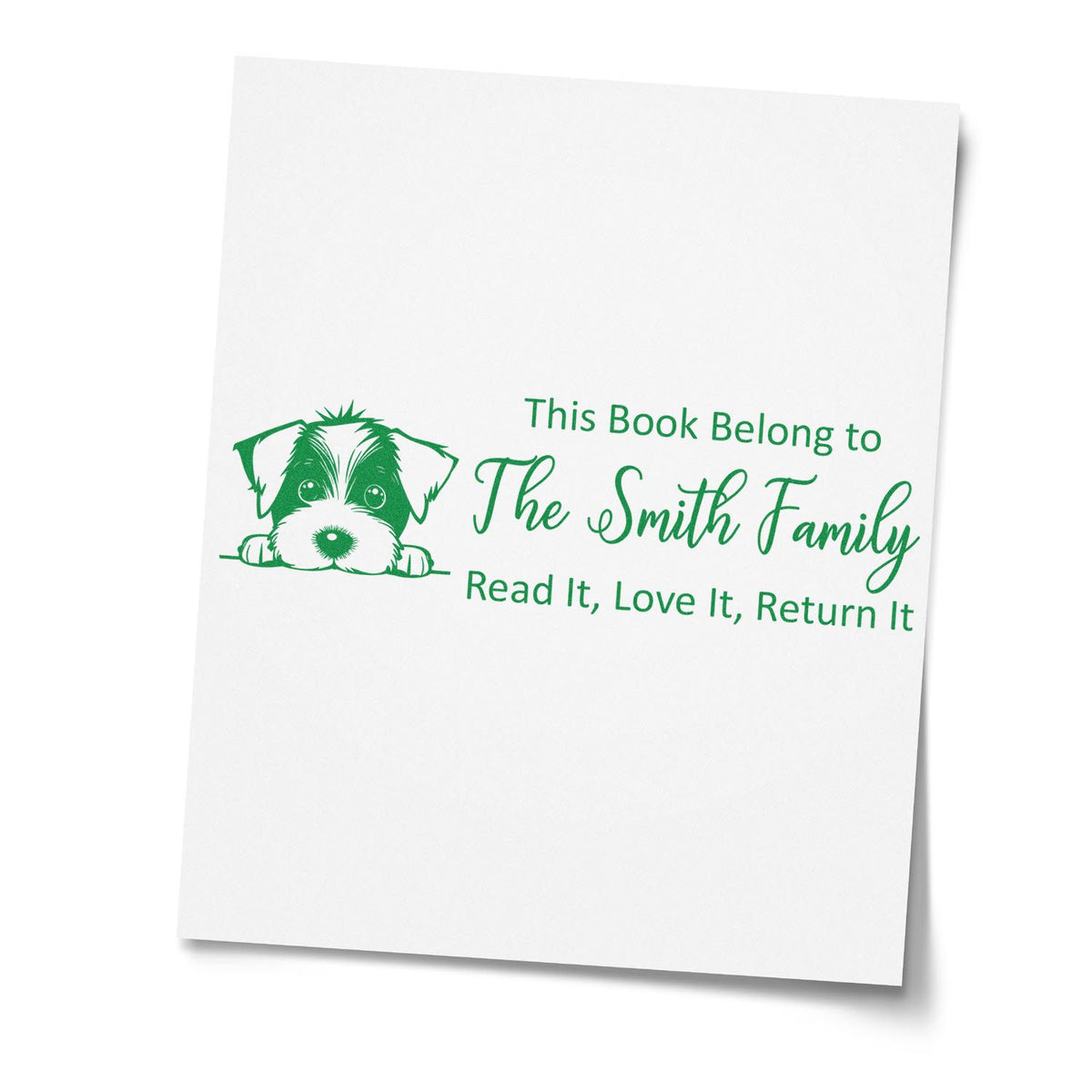Personalized custom rubber stamp for books with dog illustration and This Book Belong to The Smith Family return message.