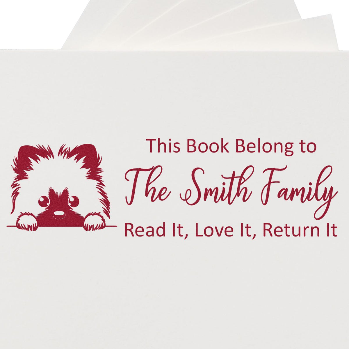 Custom rubber book stamp with cat design and bookplate text: This Book Belongs to The Smith FamilyRead It, Love It, Return It.
