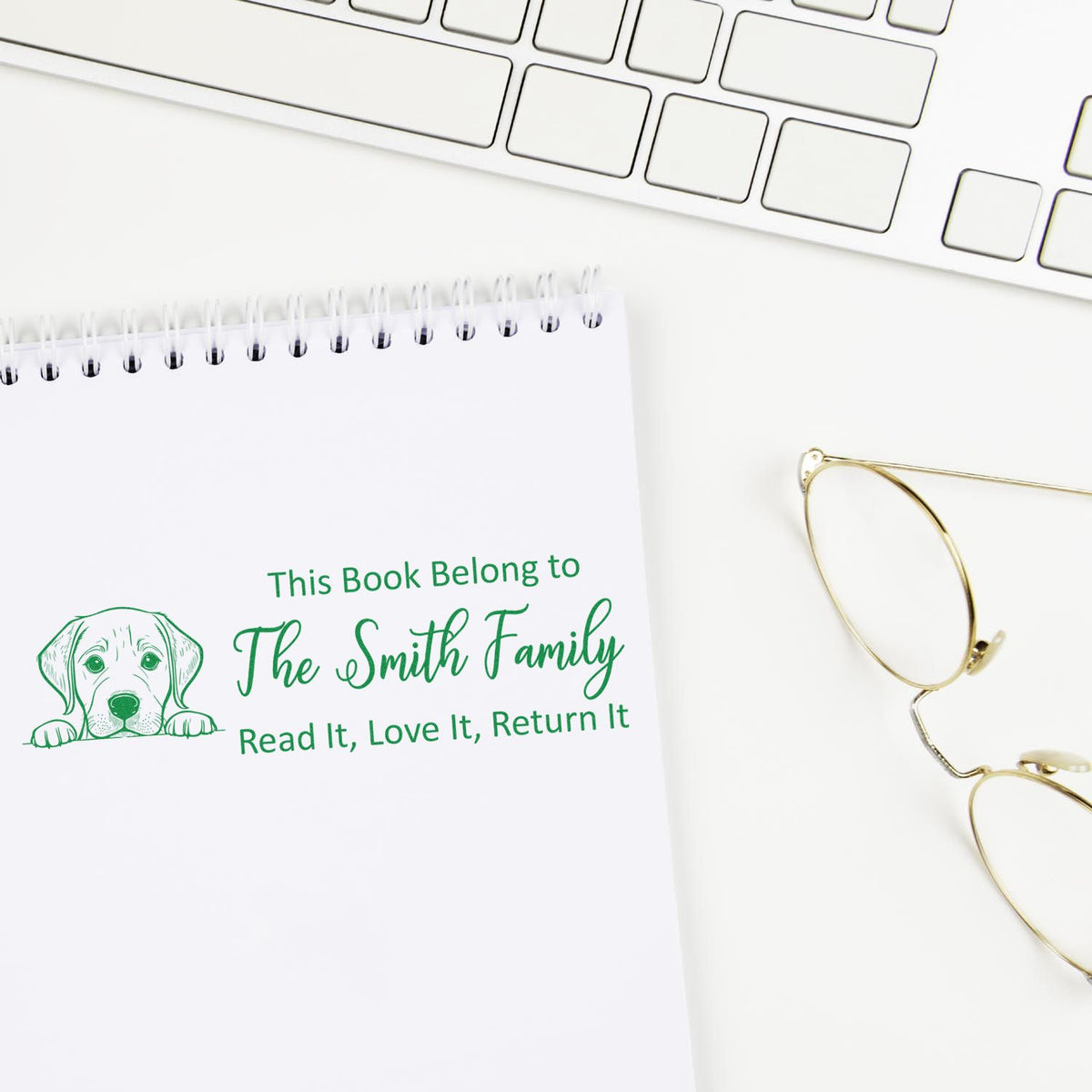 Personalized dog-themed book stamp for The Smith Family, with Read It, Love It, Return It custom library ownership text.