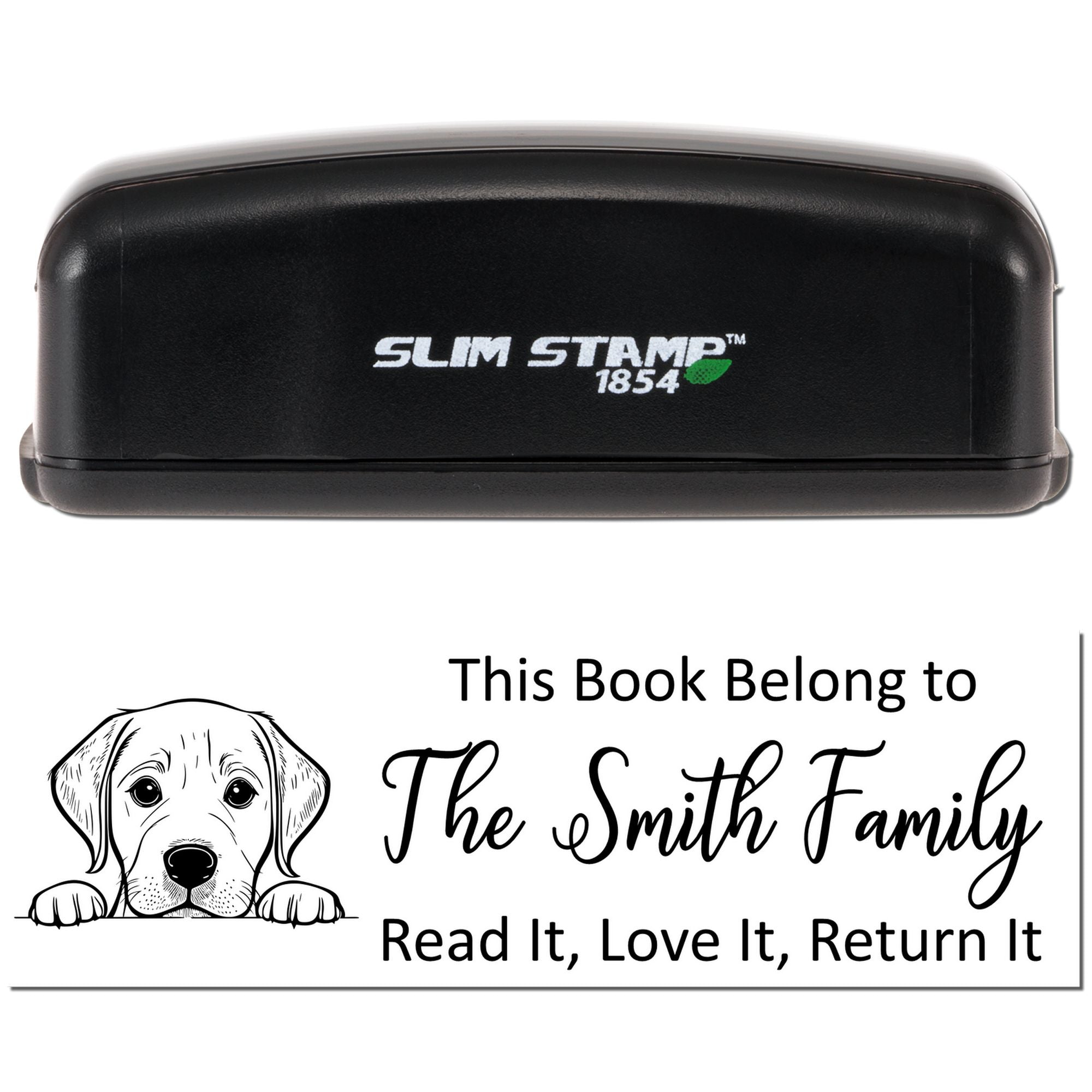Self-inking custom rubber book stamp for This Book Belongs to The Smith Family with dog illustration and return reminder.