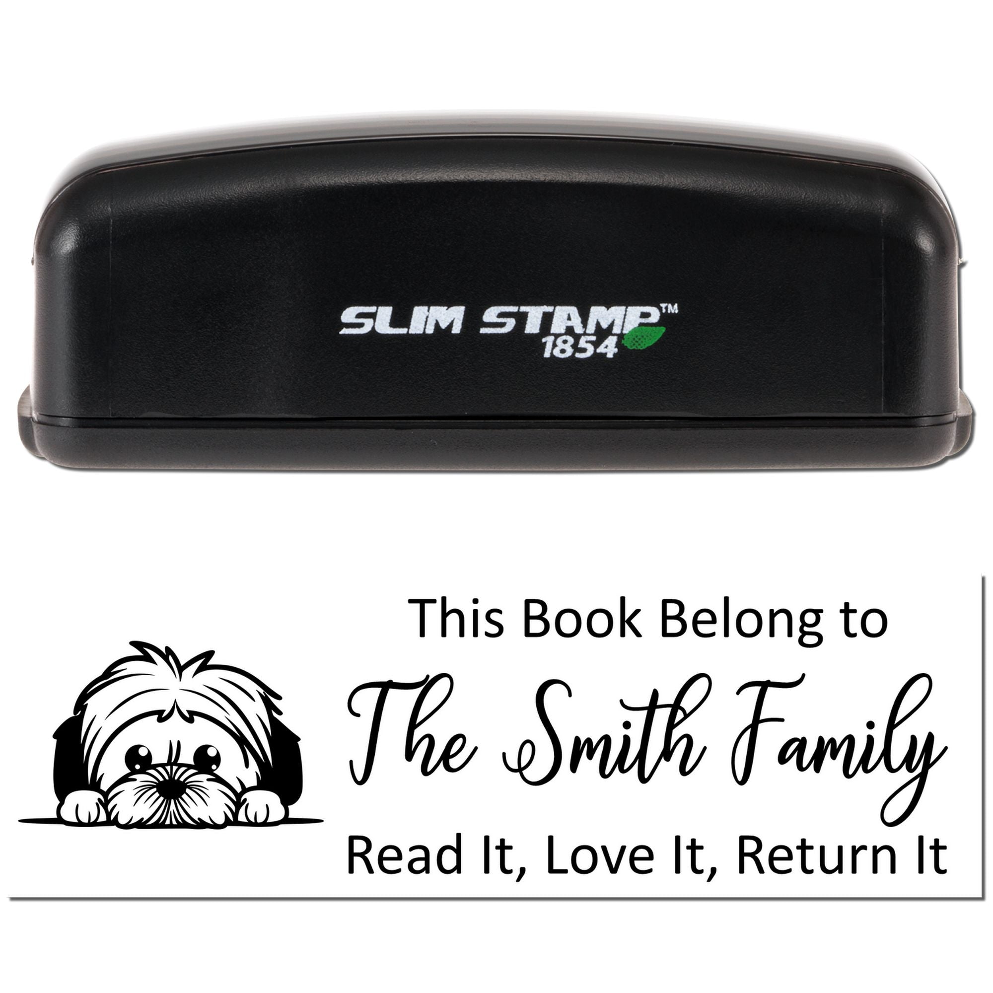 Custom book return rubber stamp with dog design and This Book Belong to The Smith Family ownership imprint.