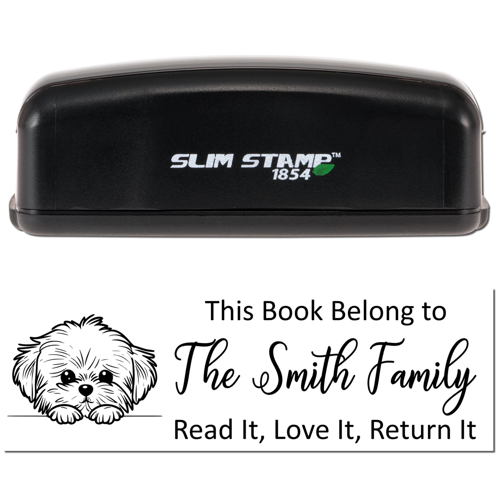 Personalized self-inking rubber book stamp with dog art and This Book Belongs to The Smith Family return message.