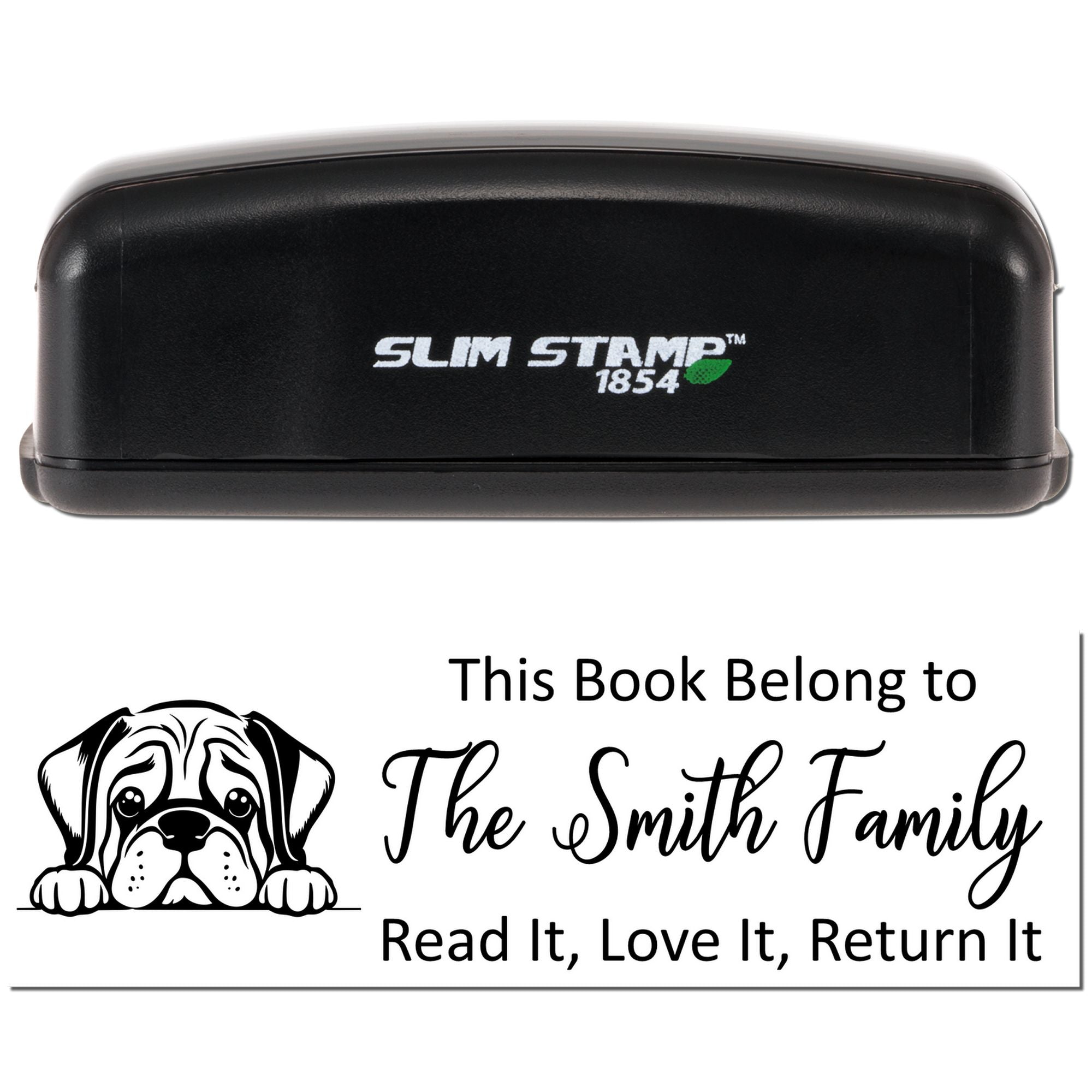 Custom self-inking book stamp with bulldog and This Book Belongs to The Smith Family return-it message.